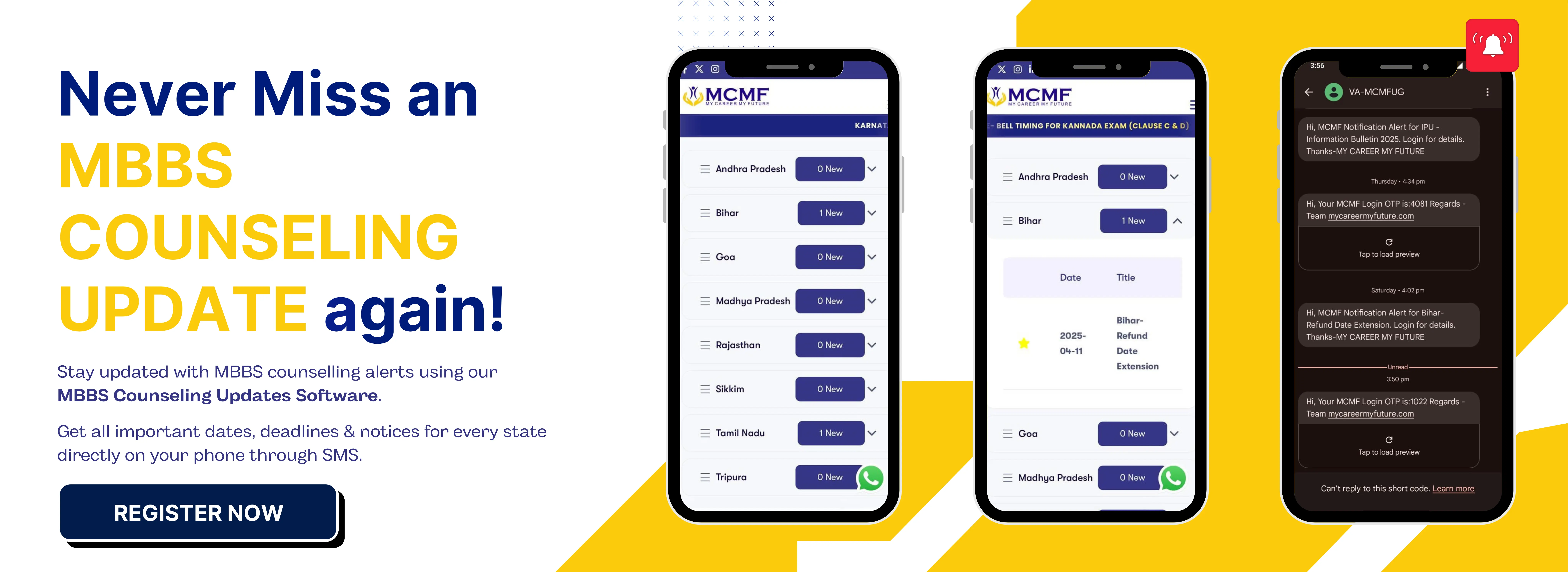 Students checking MBBS counselling alerts on phones with NAS – Notification Alert Software banner promoting real-time NEET counselling updates via SMS, all-in-one solution for ₹499