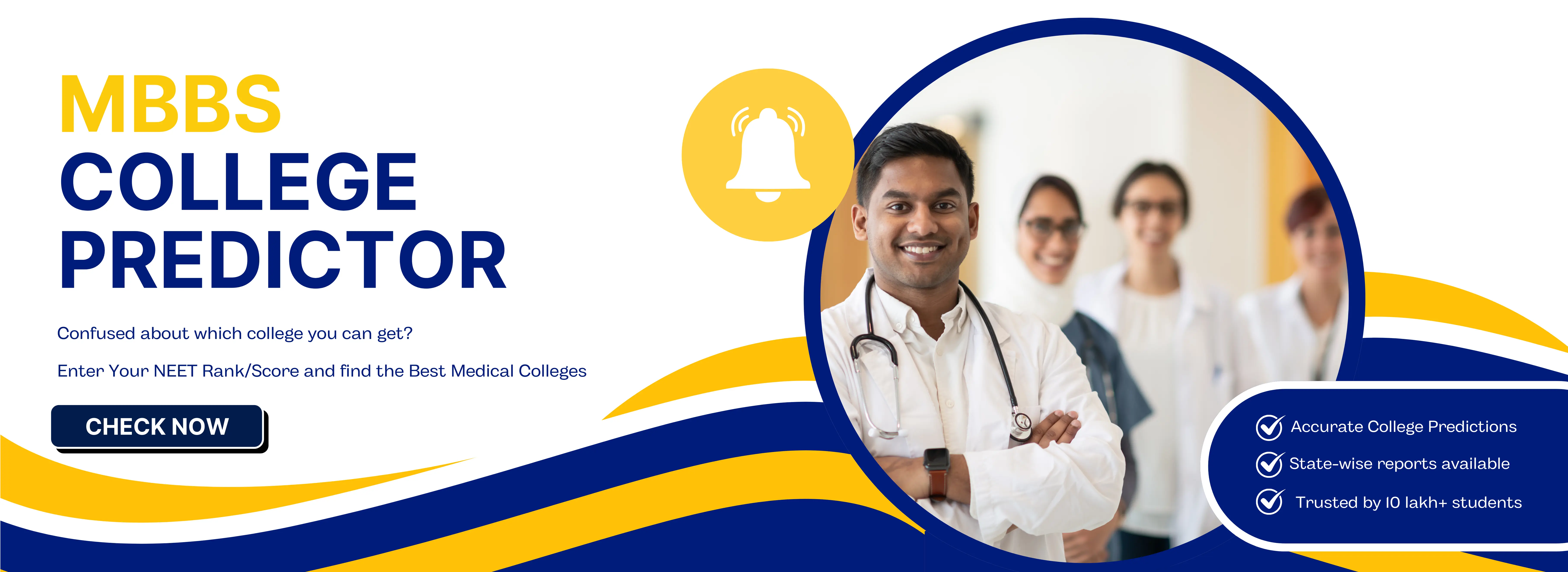 Confused NEET aspirant thinking about MBBS college options, next to banner for MBBS College Predictor tool that helps find best-fit medical colleges using NEET rank or score