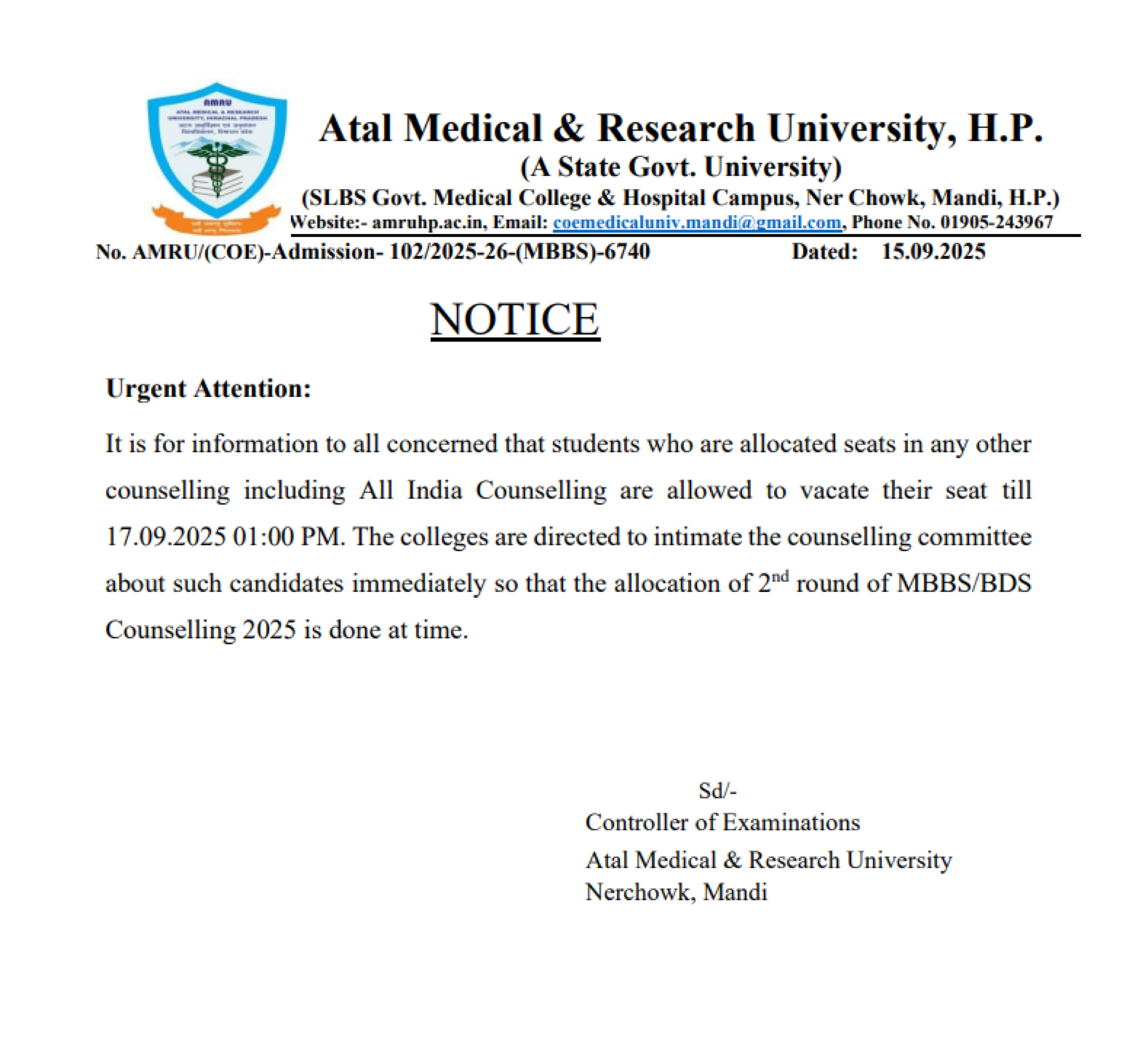 Himachal Latest Update 2025- Notice regarding vacating seats