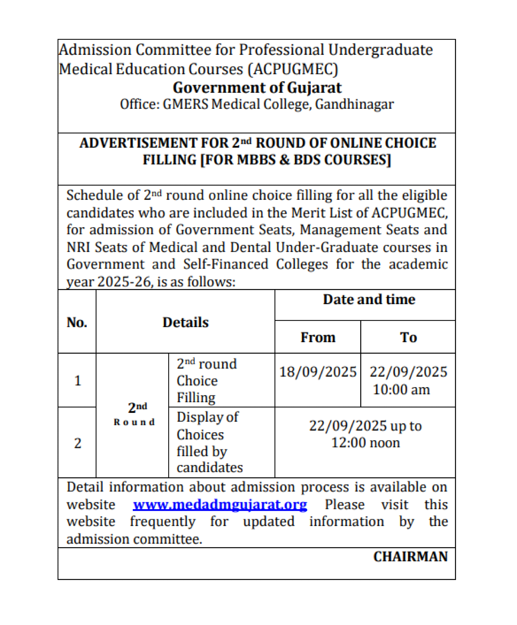 Gujarat Latest Update 2025- R2 Choice Filling Schedule