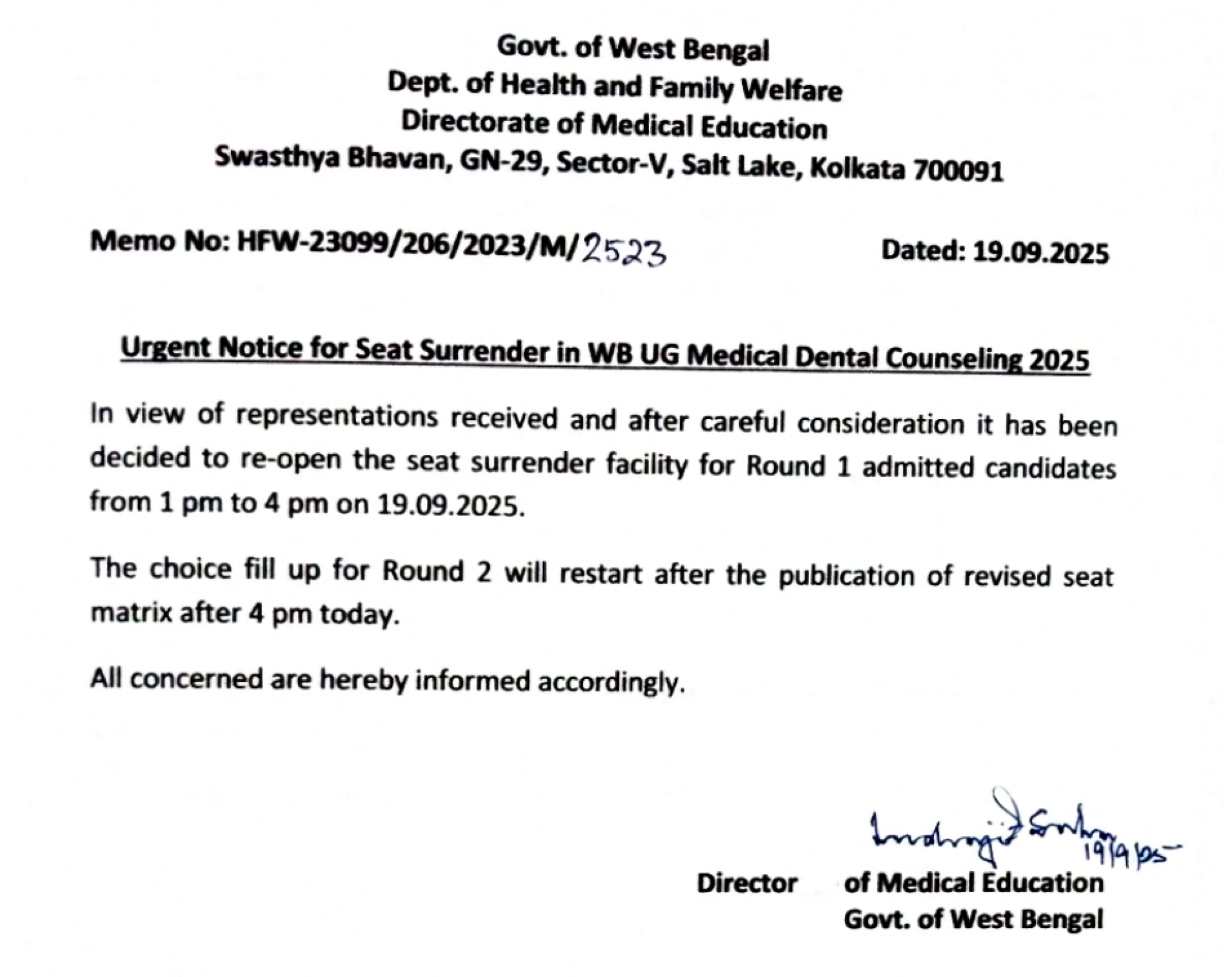 West Bengal Latest Update 2025- Seat surrender Notice R1