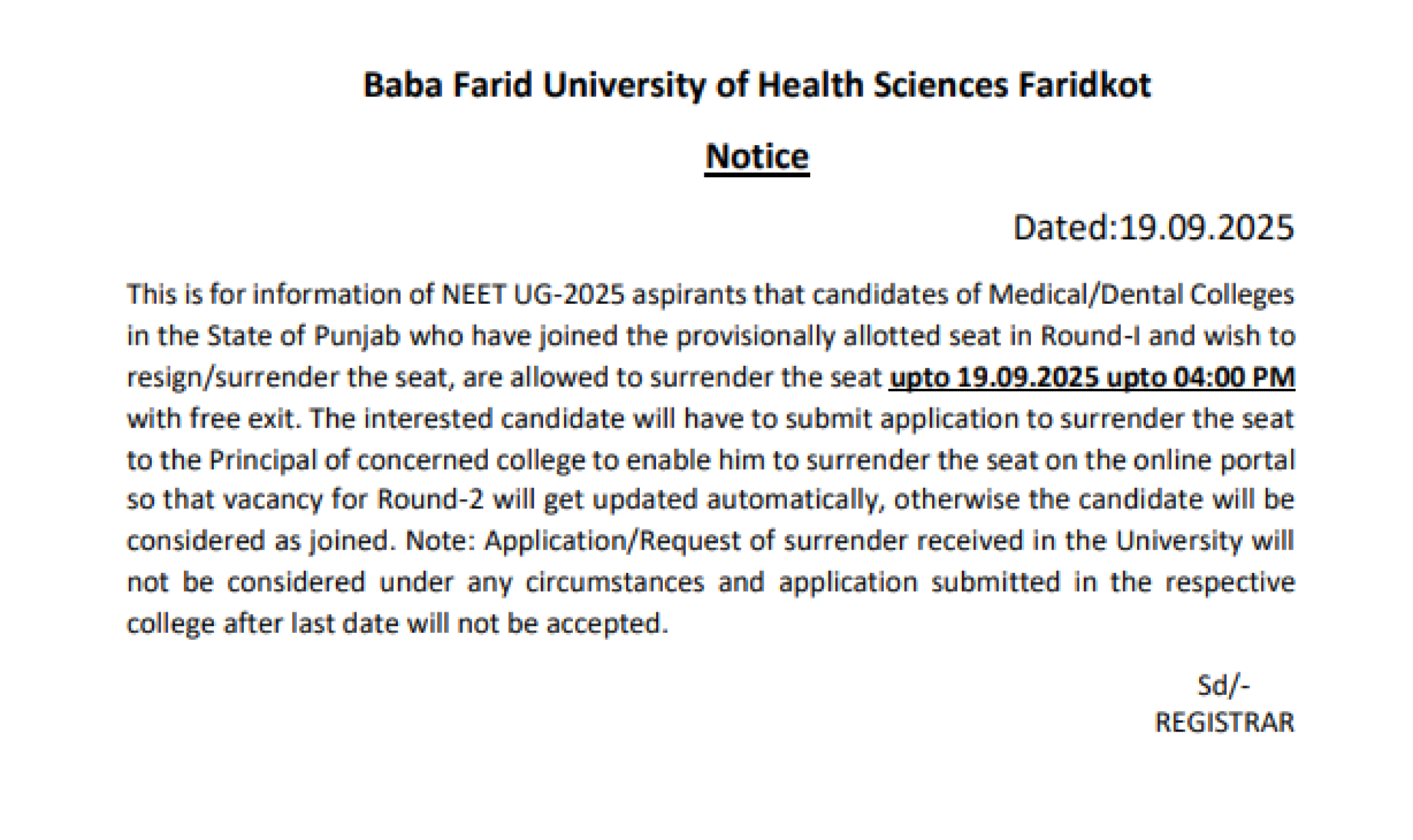 Punjab Latest Update 2025- Seat Surrender Notice R1