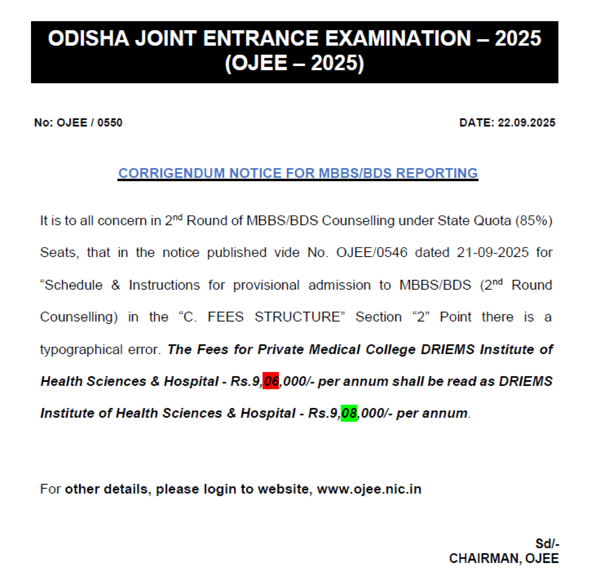 ODISHA MBBS COUNSELLING Latest Update 2025- Notice for R2 Reporting