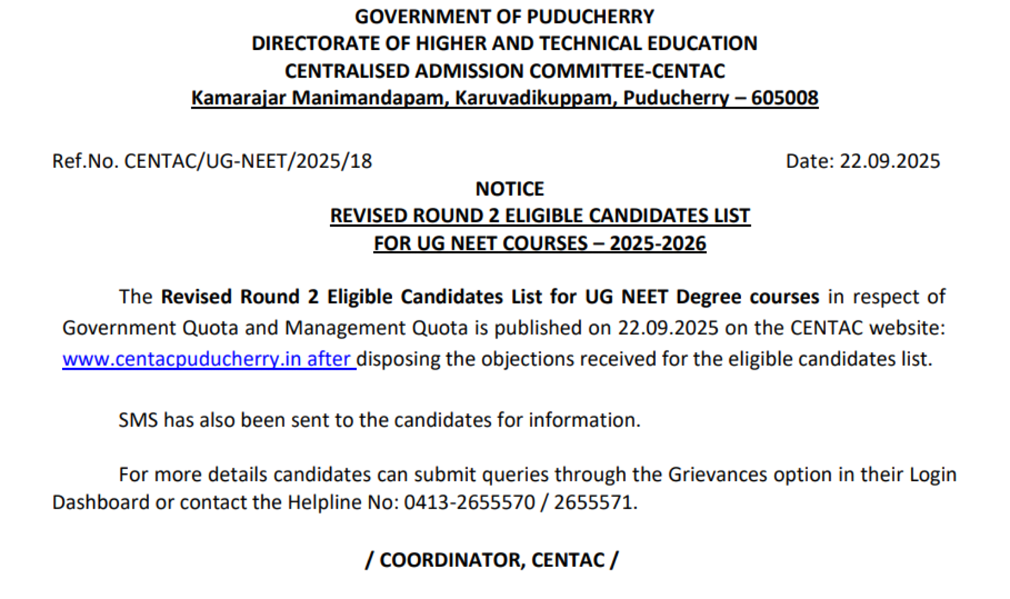 PUDUCHERRY MBBS COUNSELLING Latest Update 2025- Notice for Revised R2 Eligible Candidate List