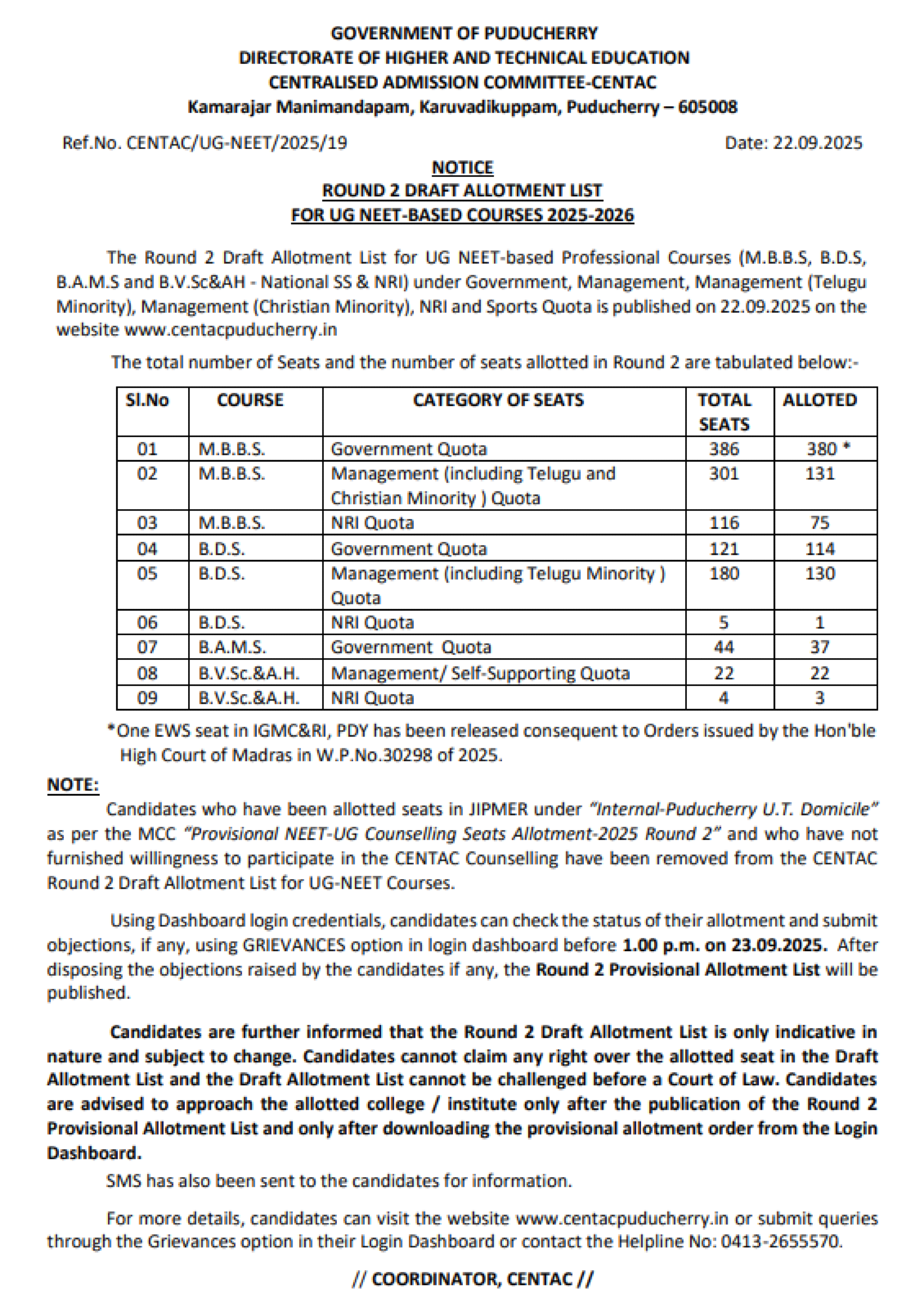 PUDUCHERRY MBBS COUNSELLING Latest Update 2025- Notice for R2 Draft Allotment List