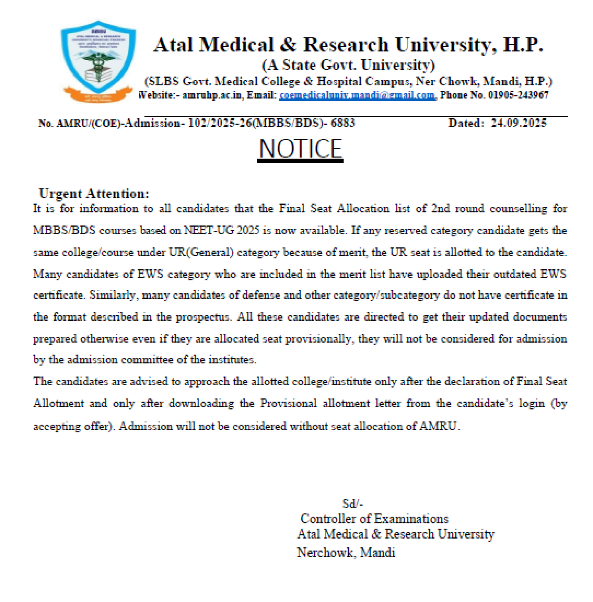 HIMACHAL MBBS COUNSELLING Latest Update 2025- Final Result R2