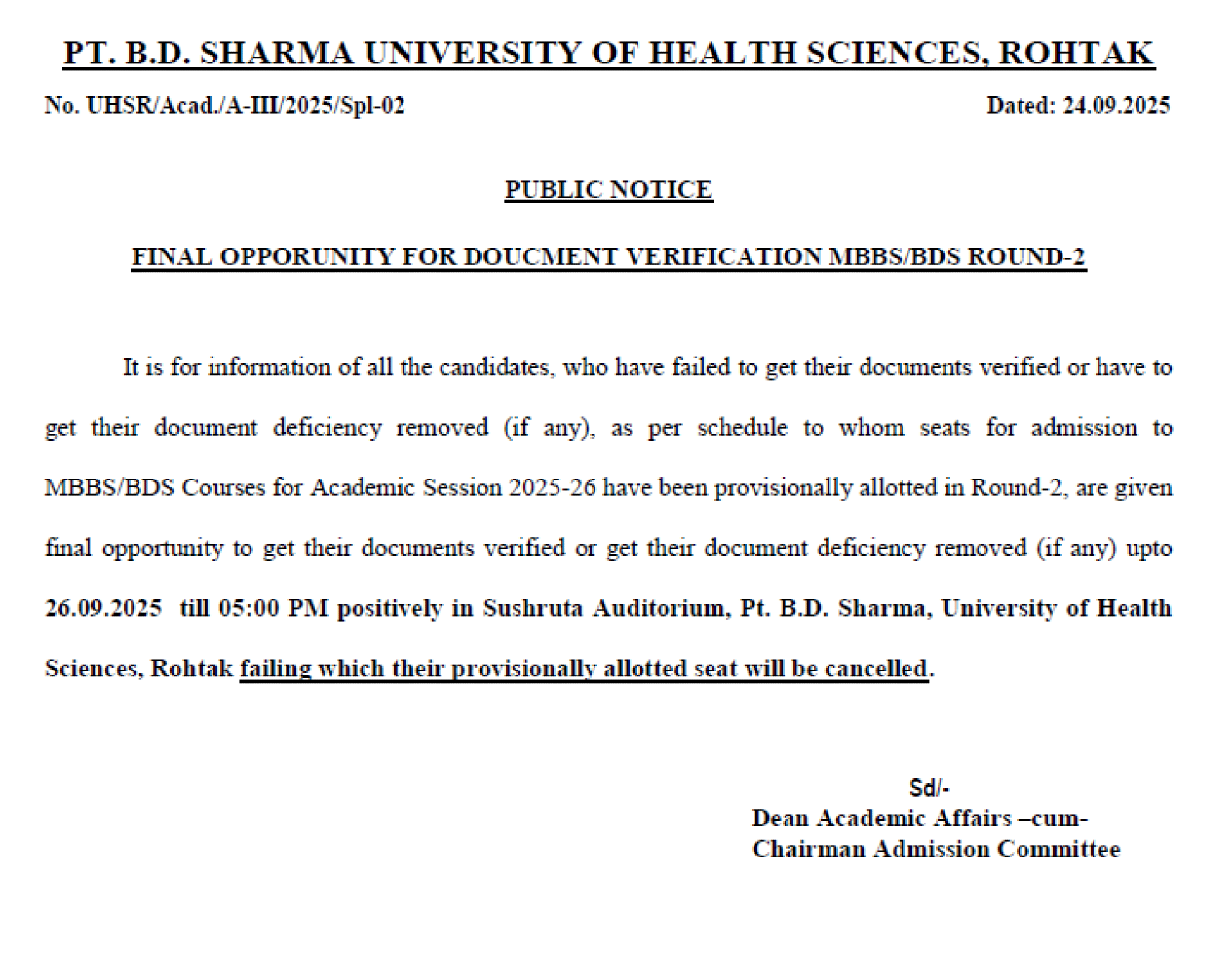 HARYANA MBBS COUNSELLING Latest Update 2025- Final Opportunity for Document Verification R2