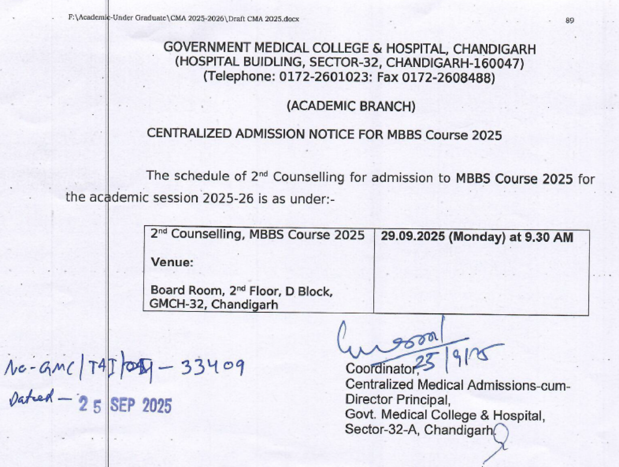 CHANDIGARH MBBS COUNSELLING Latest Update 2025- R2 Schedule