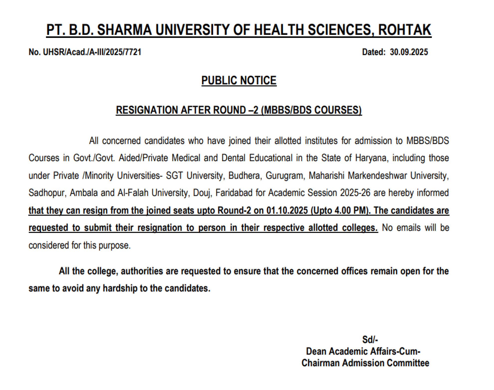 HARYANA MBBS COUNSELLING Latest Update 2025- Resignation Date extended
