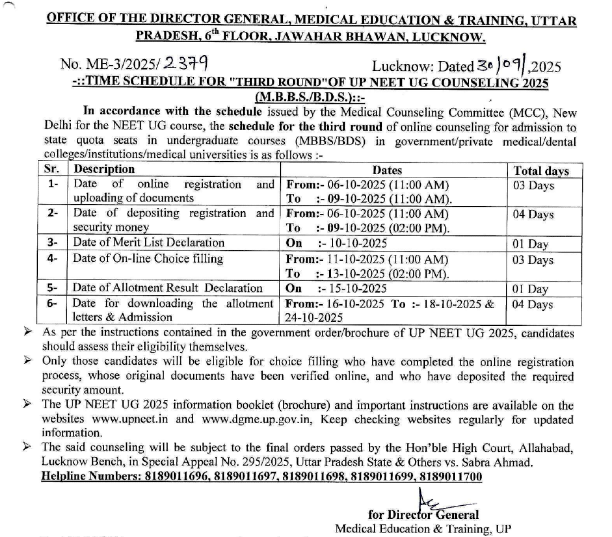 UP MBBS COUNSELLING Latest Update 2025- Round 3 Time Schedule