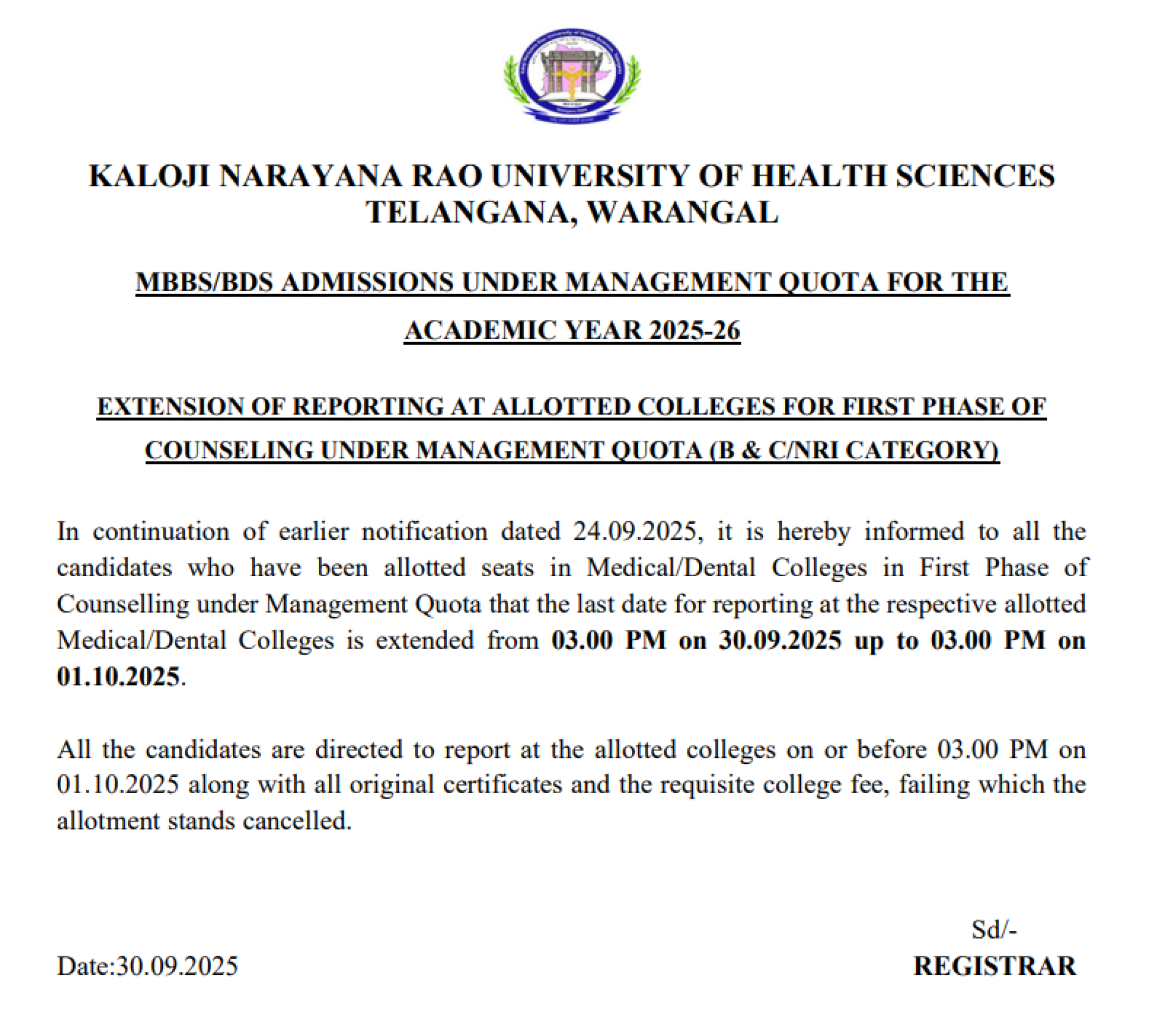 TELANGANA MBBS COUNSELLING Latest Update 2025- Extension of Reporting R2