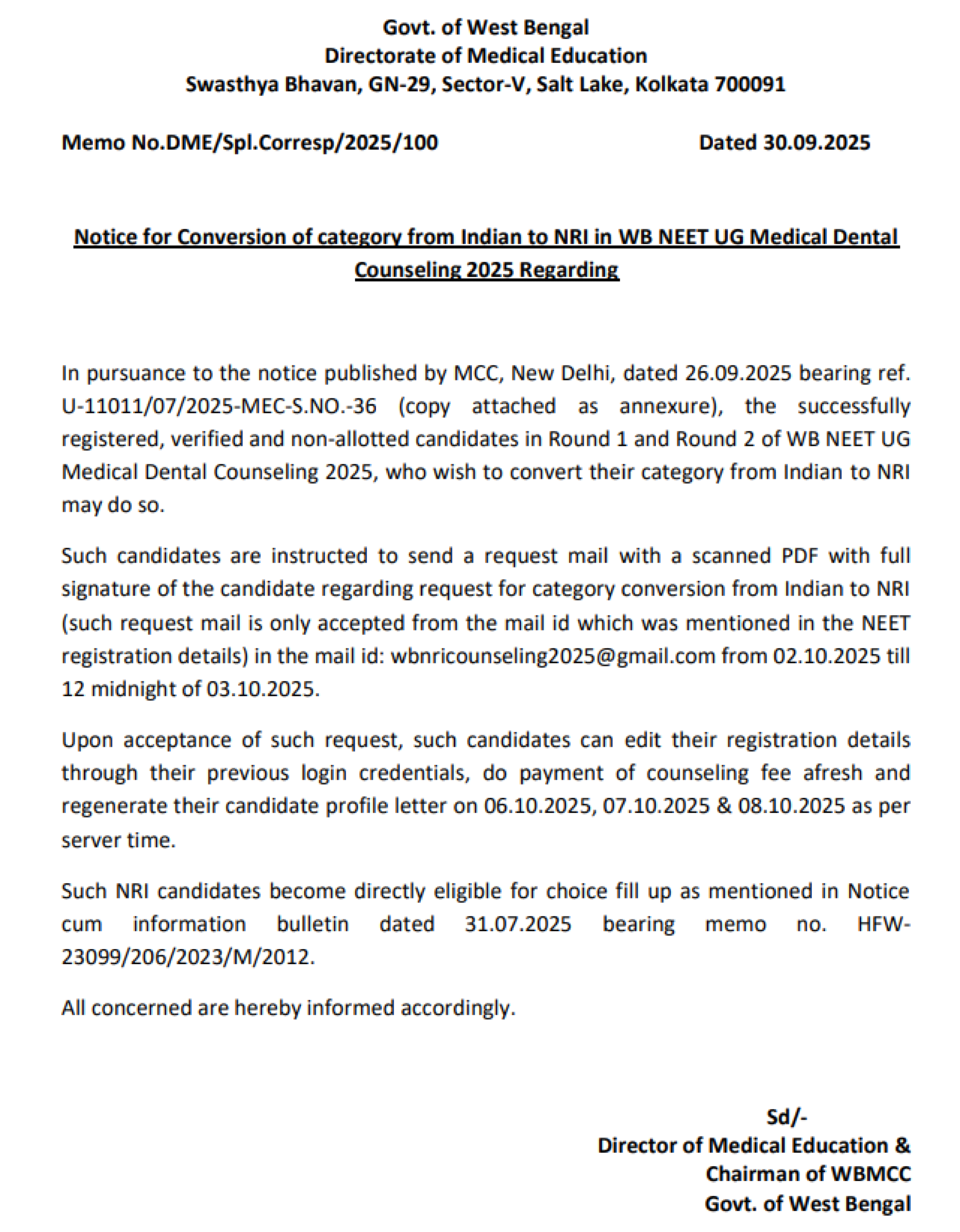 WEST BENGAL MBBS COUNSELLING Latest Update 2025- NRI Conversion Notice R3