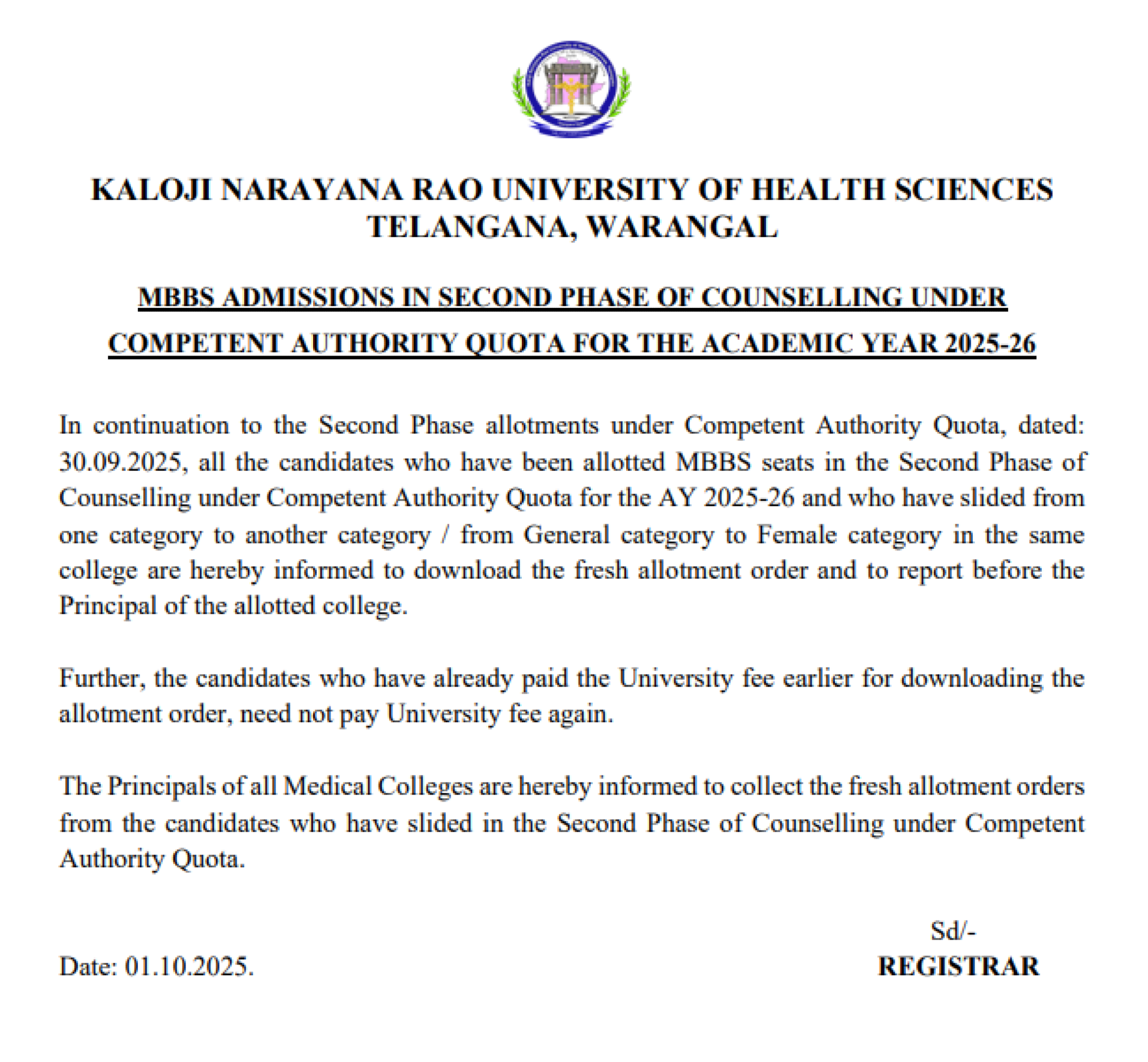 TELANGANA MBBS COUNSELLING Latest Update 2025- Notice for slided candidates