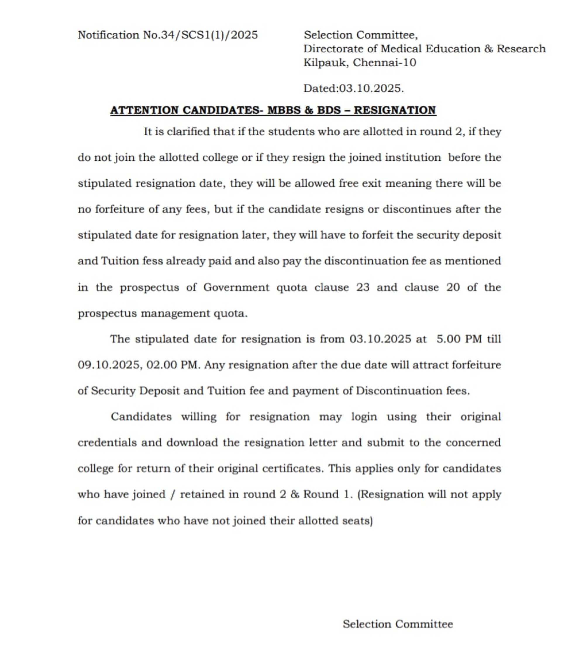 TAMIL NADU MBBS COUNSELLING Latest Update 2025- R2 Resignation Notice