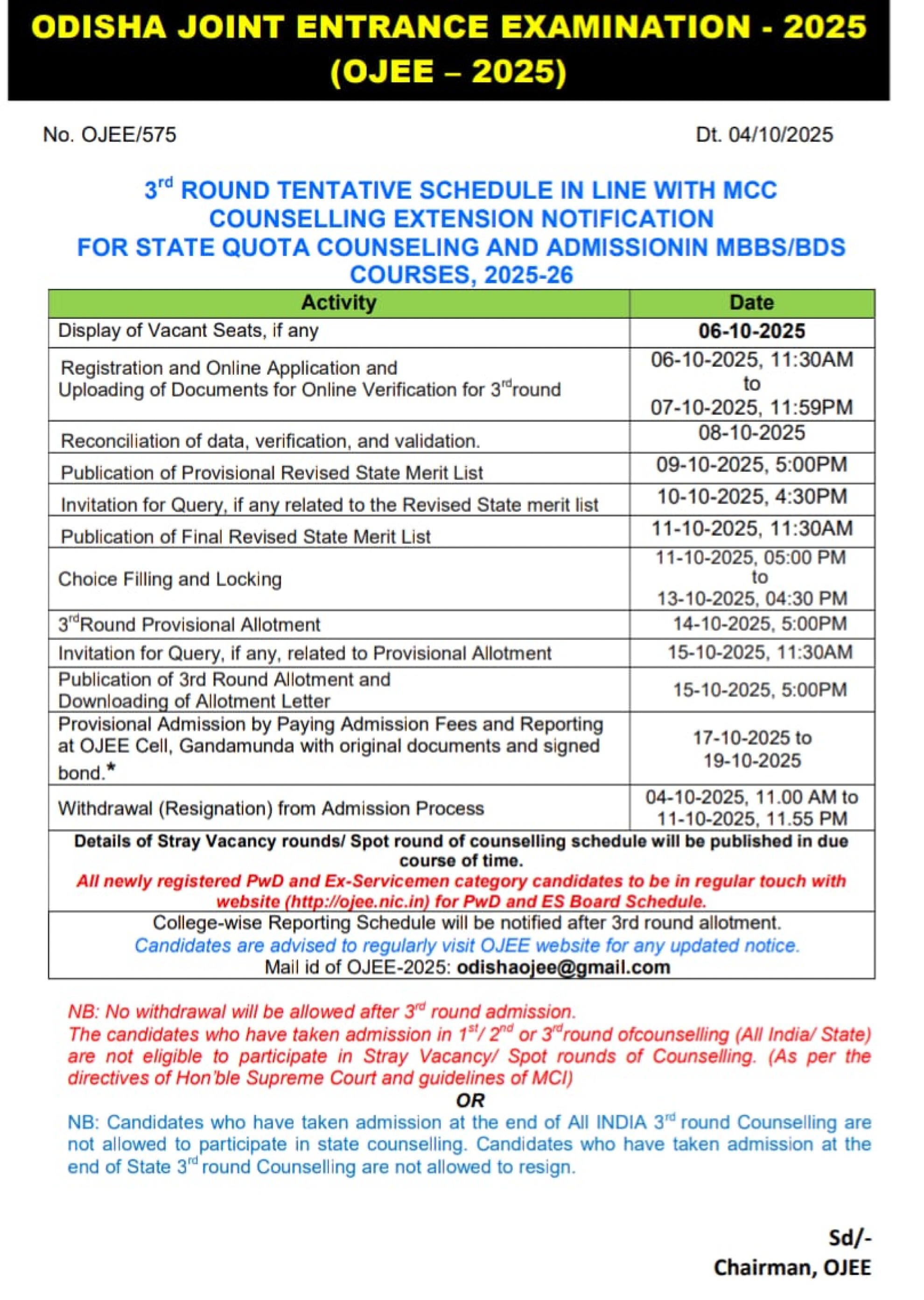 ODISHA MBBS COUNSELLING Latest Update 2025- R3 Schedule