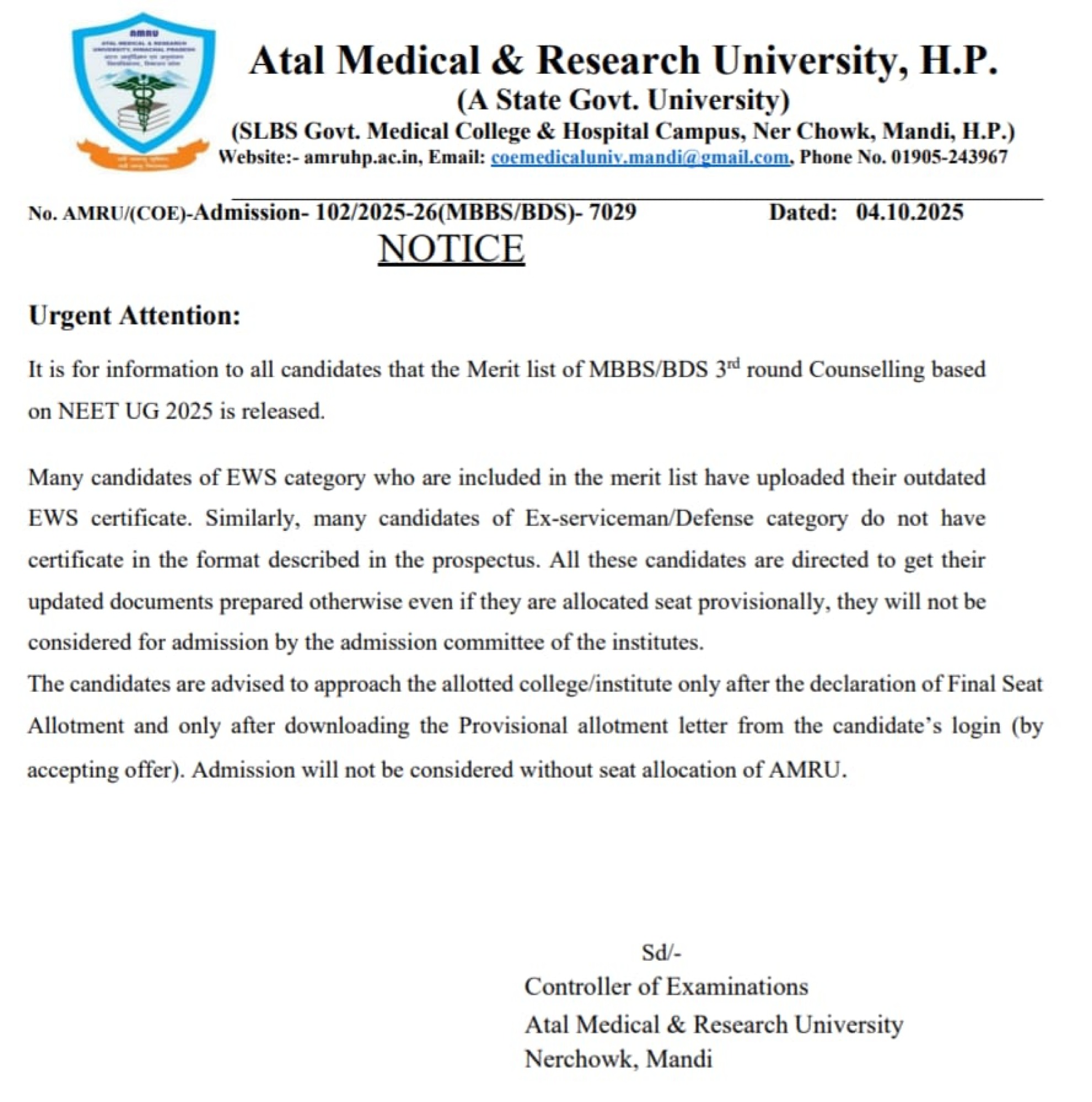 HIMACHAL MBBS COUNSELLING Latest Update 2025- R3 Merit List published