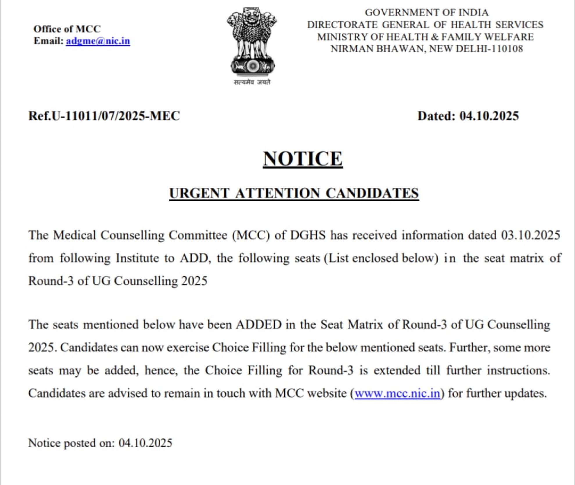 MCC MBBS COUNSELLING Latest Update 2025- R3 Newly seats Added & Choice Filling date extended
