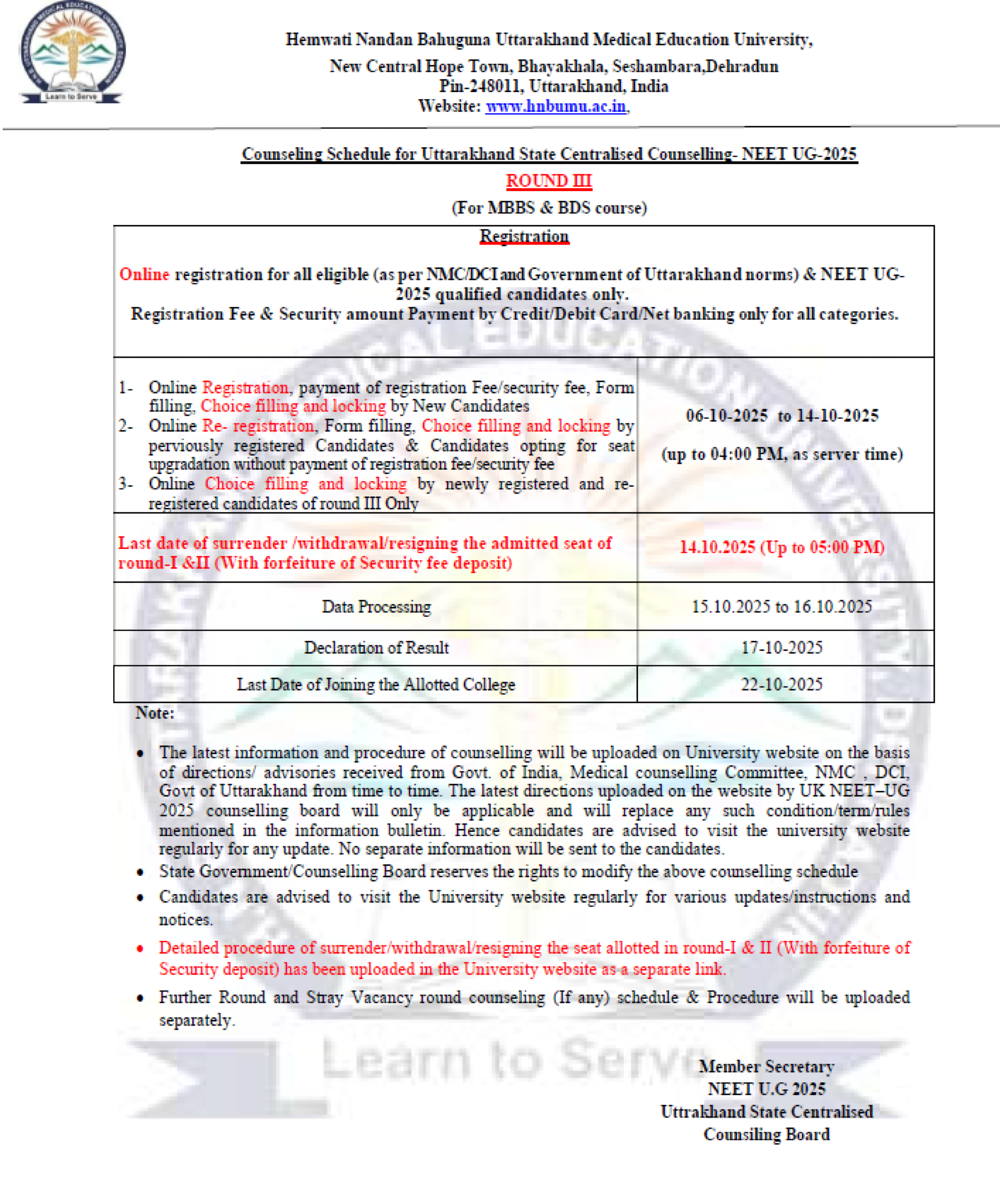 UTTARAKHAND MBBS COUNSELLING Latest Update 2025- R3 Schedule