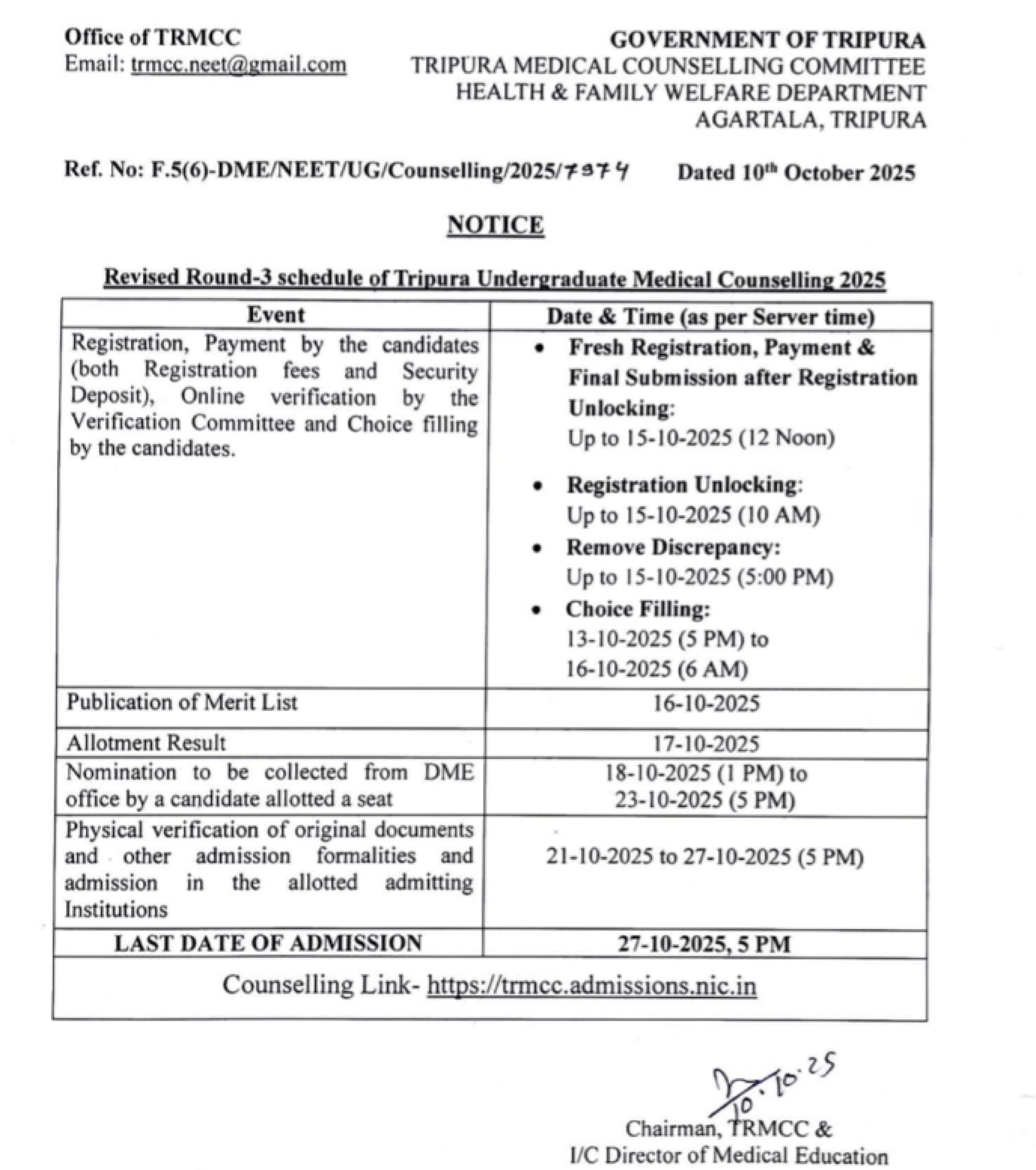 TRIPURA MBBS COUNSELLING LATEST UPDATE 2025- R3 REVISED SCHEDULE