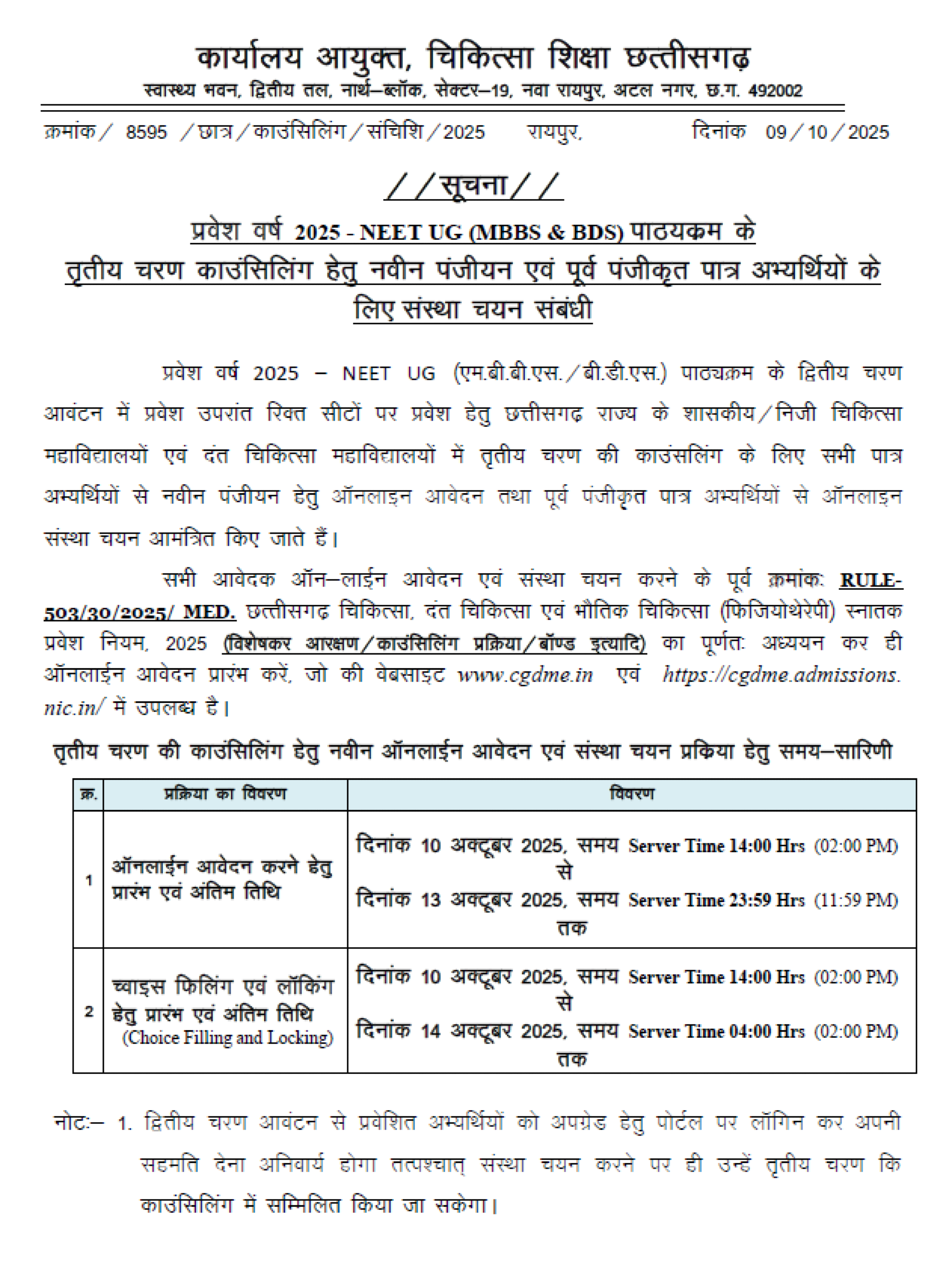 CHHATTISGARH MBBS COUNSELLING LATEST UPDATE 2025- R3 REVISED SCHEDULE