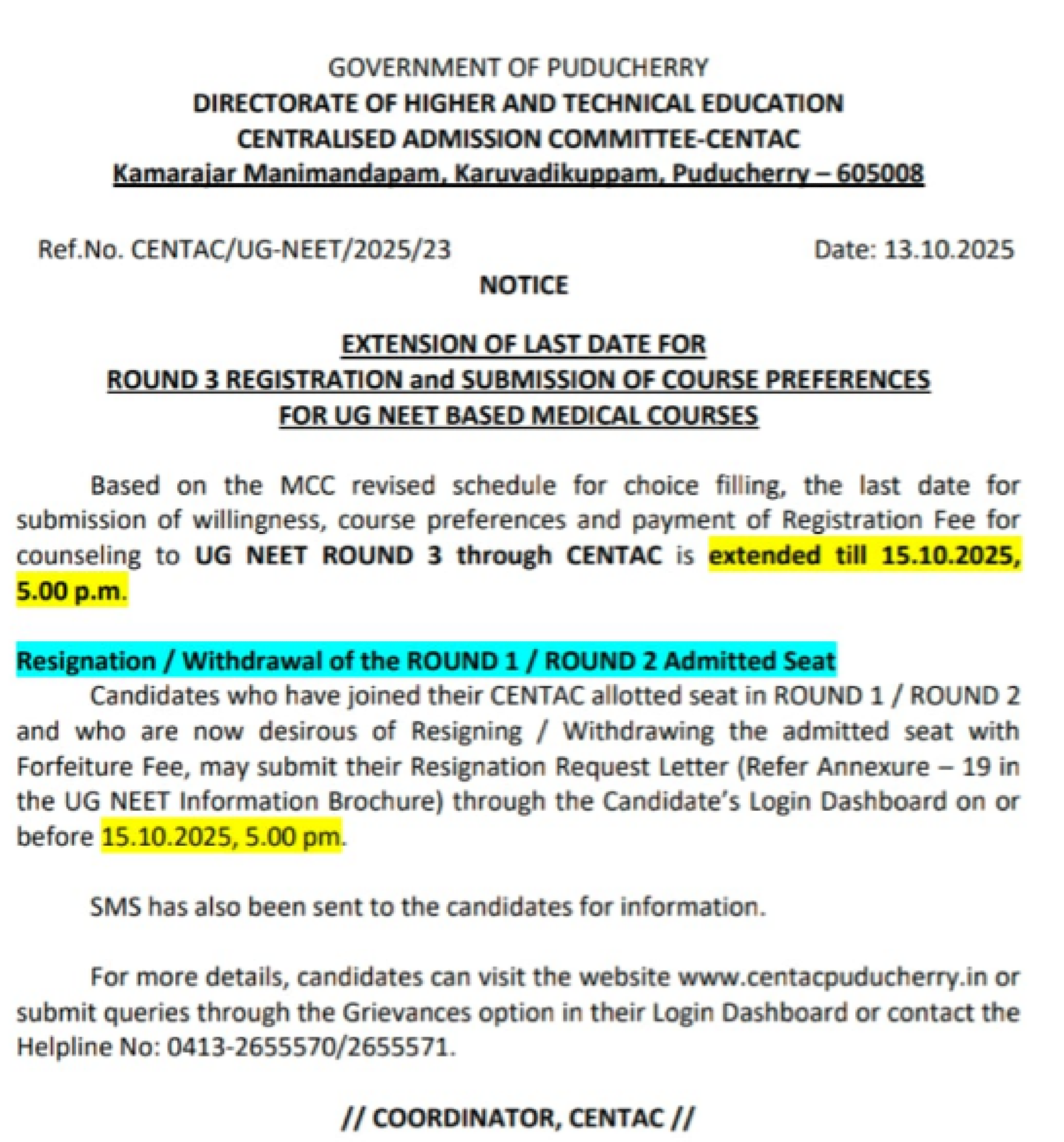 PUDUCHERRY MBBS COUNSELLING LATEST UPDATE 2025- R3 REGISTRATION DATE EXTENDED
