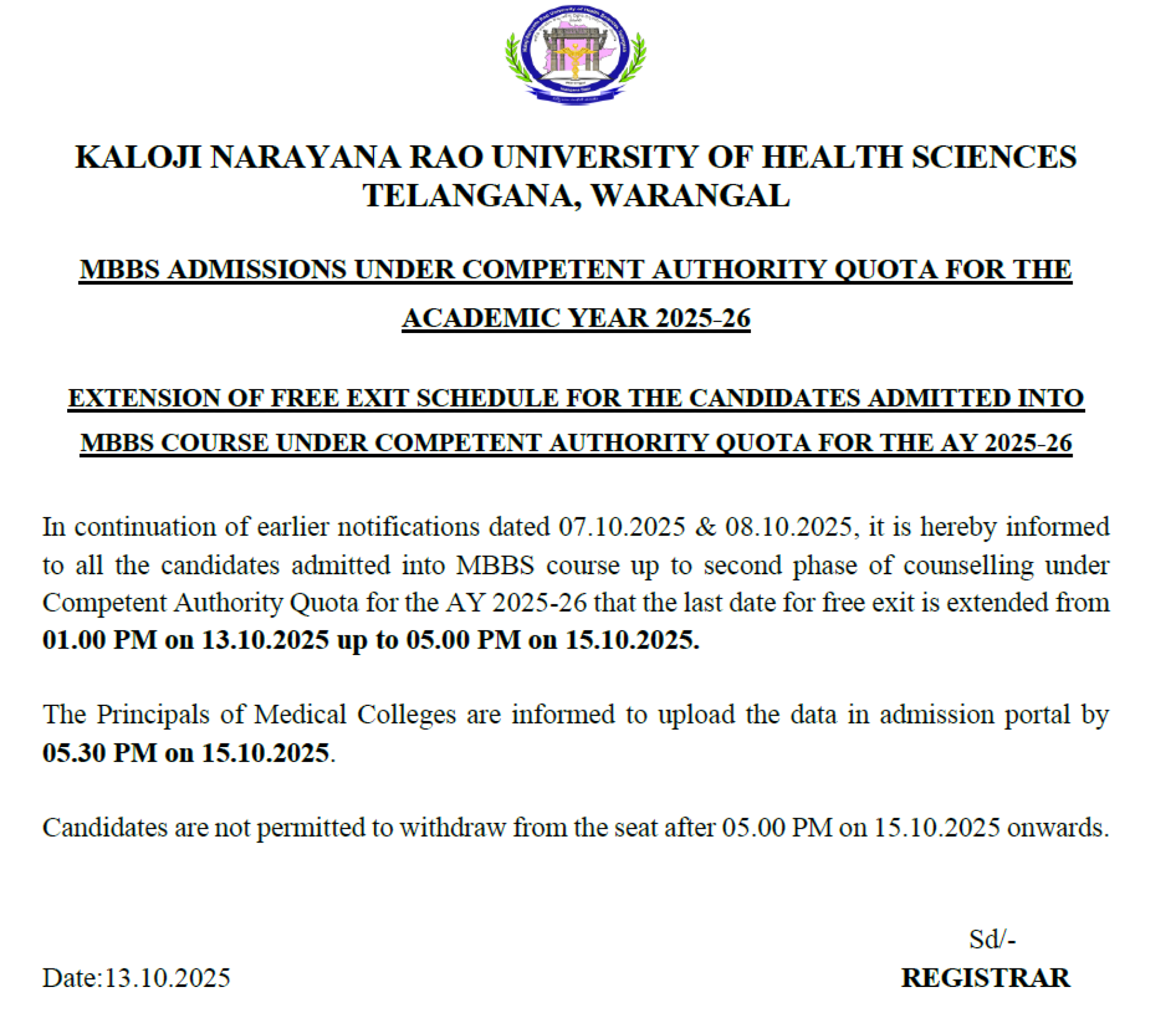 TELANGANA MBBS COUNSELLING LATEST UPDATE 2025- PHASE 2 REPORTING EXTEDNED
