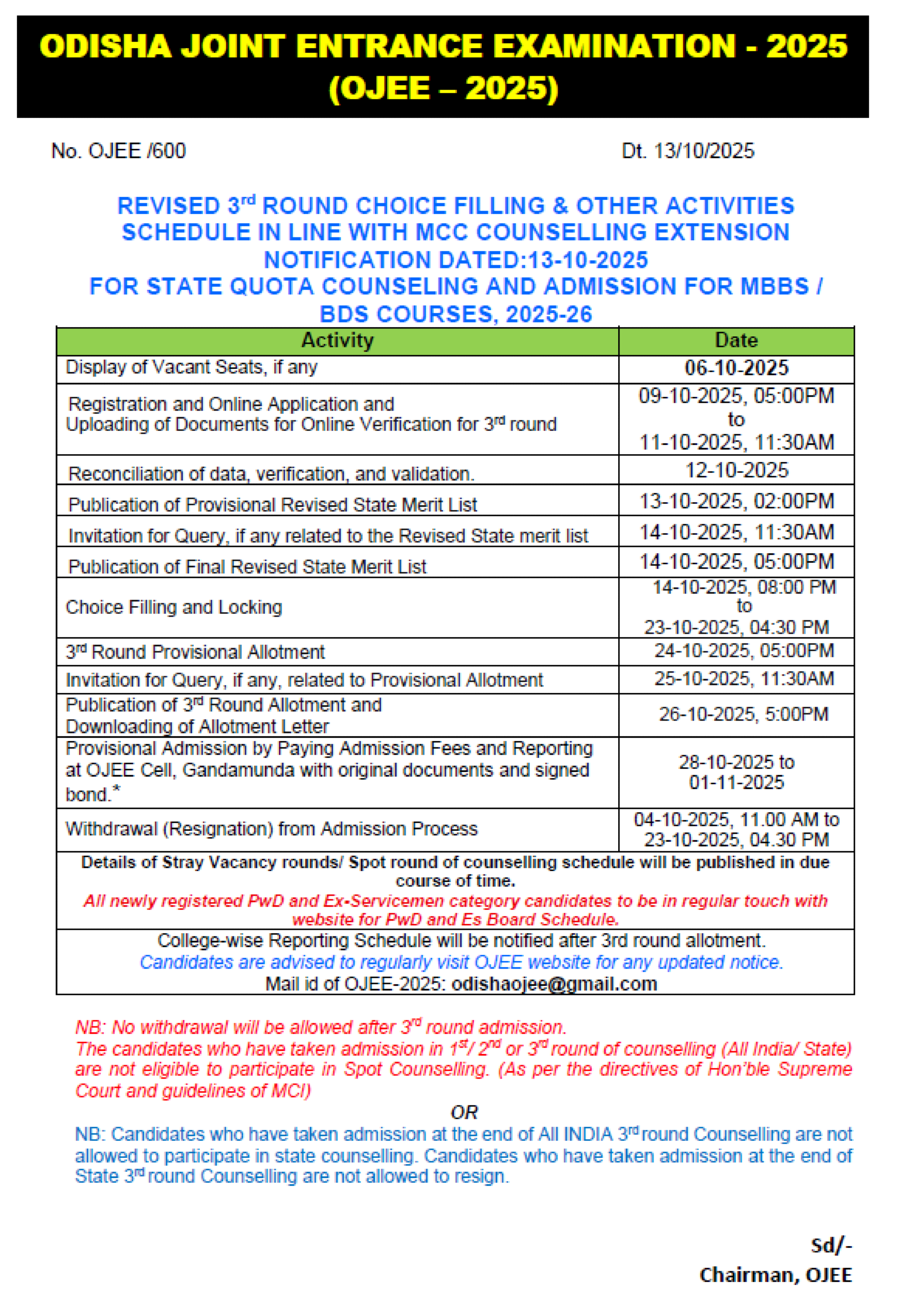 ODISHA MBBS COUNSELLING LATEST UPDATE 2025- REVISED R3 SCHEDULE IN LINE WITH MCC