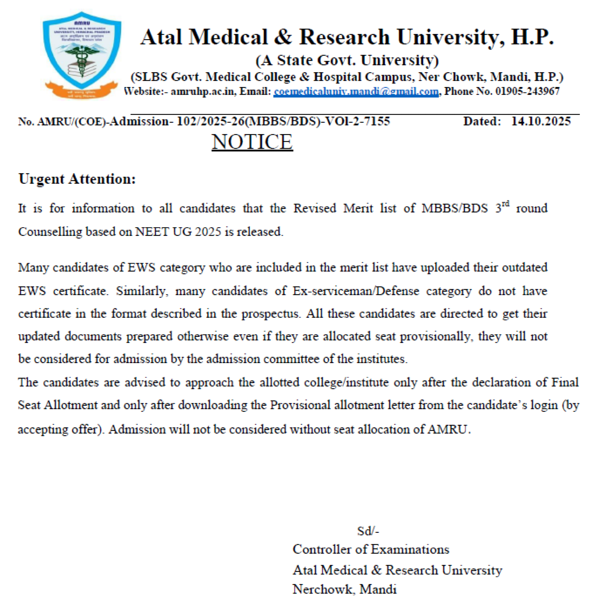 HIMACHAL MBBS COUNSELLING LATEST UPDATE 2025- OVERALL R3 MERIT LIST