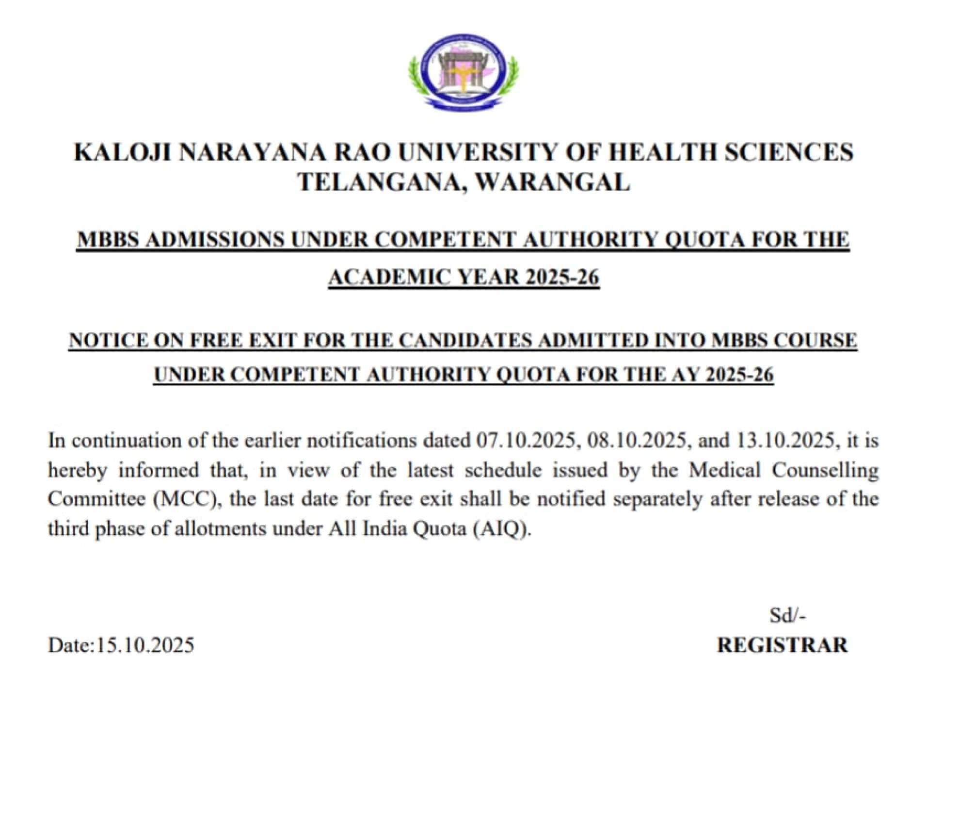 TELANGANA MBBS COUNSELLING LATEST UPDATE 2025- NOTICE FOR FREE EXIT