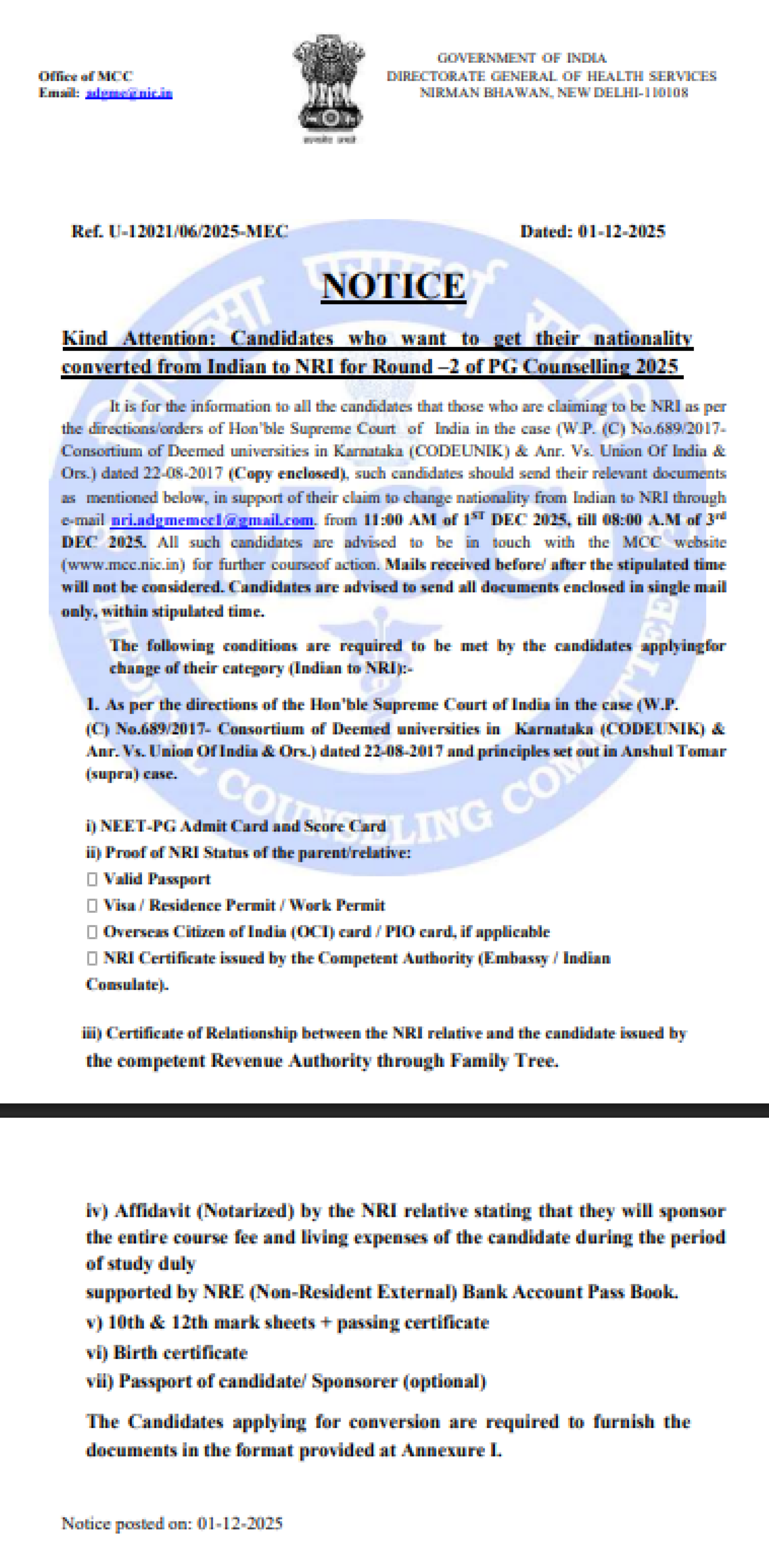 MCC PG COUNSELLING LATEST UPDATE 2025- NRI CONVERSION NOTICE ROUND 2