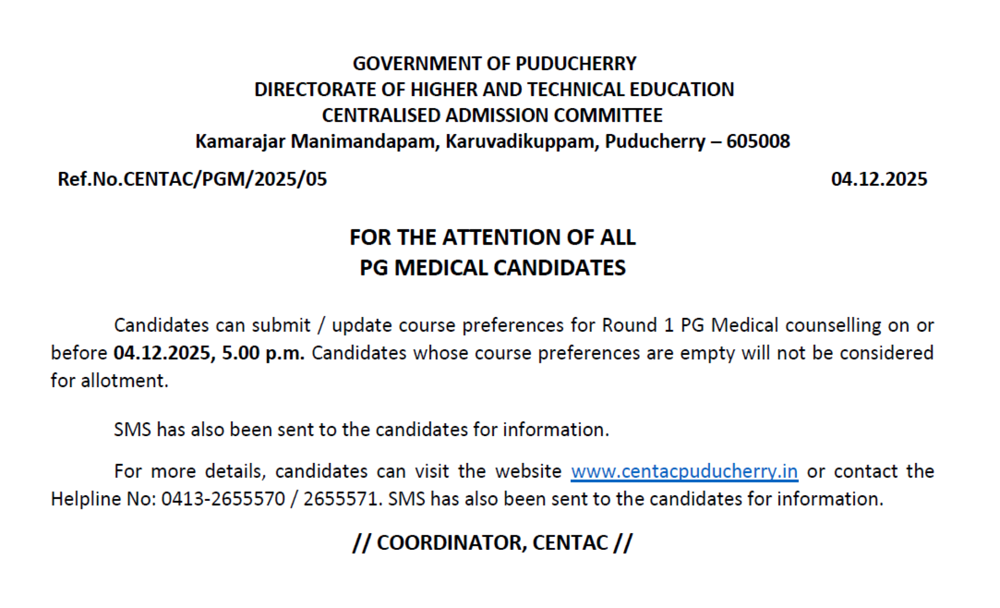 Puducherry PG MD MS Counselling latest update 2025- Notice regarding submission of preferences R1