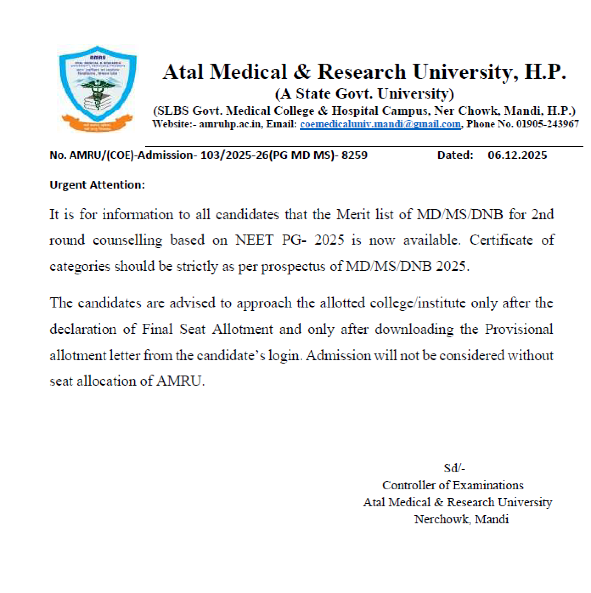 HIMACHAL PG MD MS COUNSELLING LATEST UPDATE 2025- MERIT LIST R2