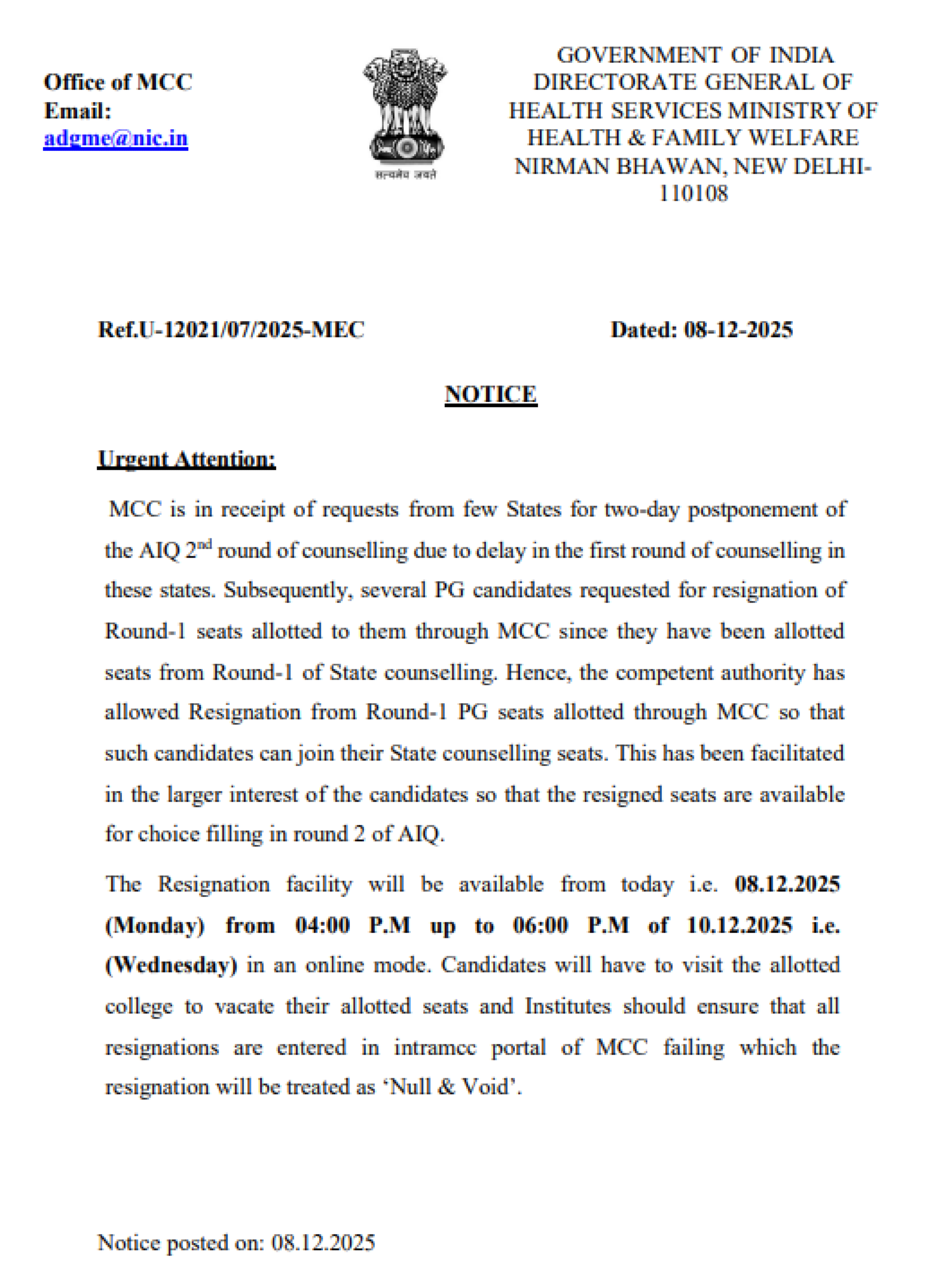 MCC PG MD MS COUNSELLING LATEST UPDATE 2025- RESIGNATION NOTICE