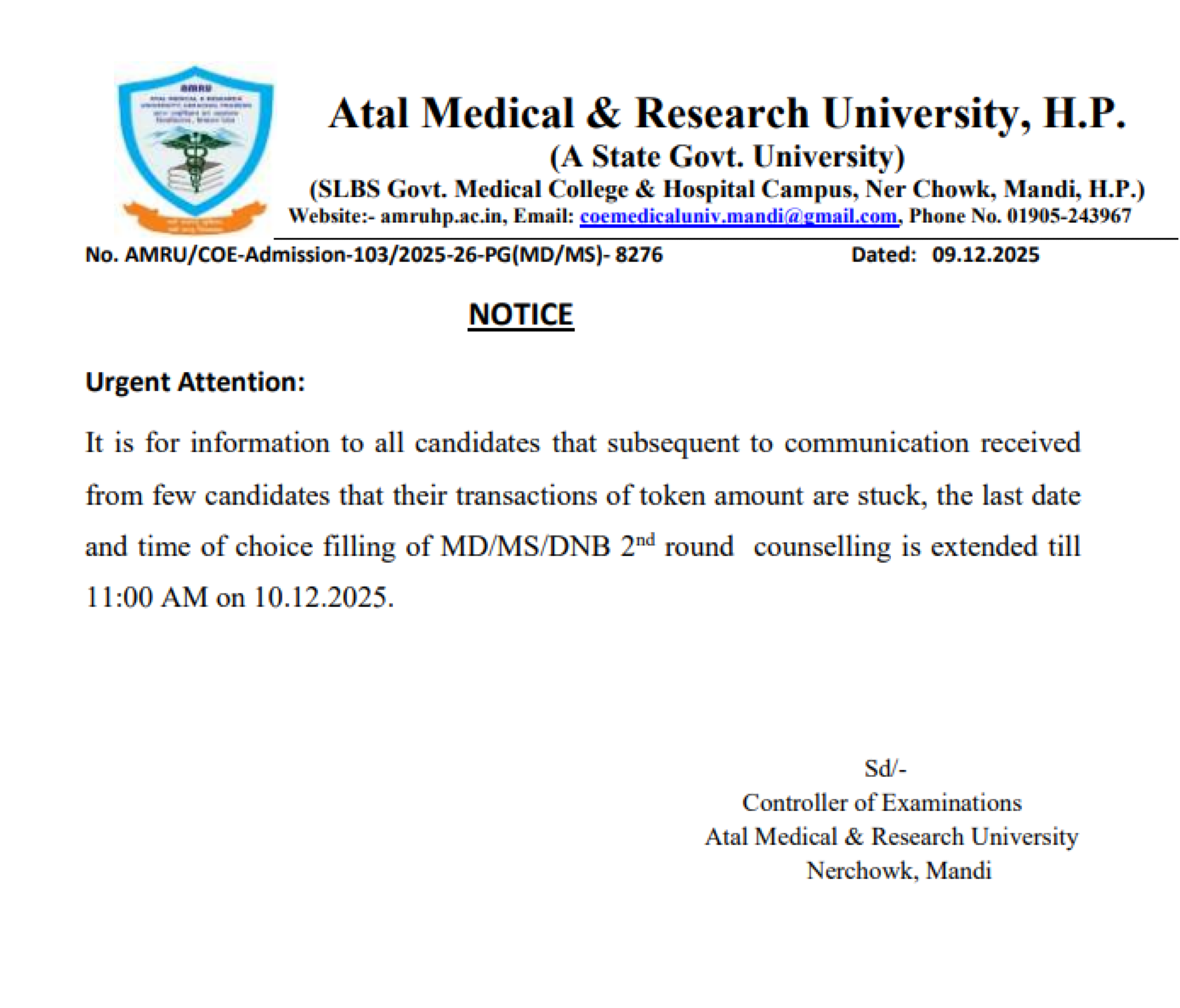 HIMACHAL PG MD MS COUNSELLING LATEST UPDATE 2025- EXTENSION OF CHOICE FILLING R2