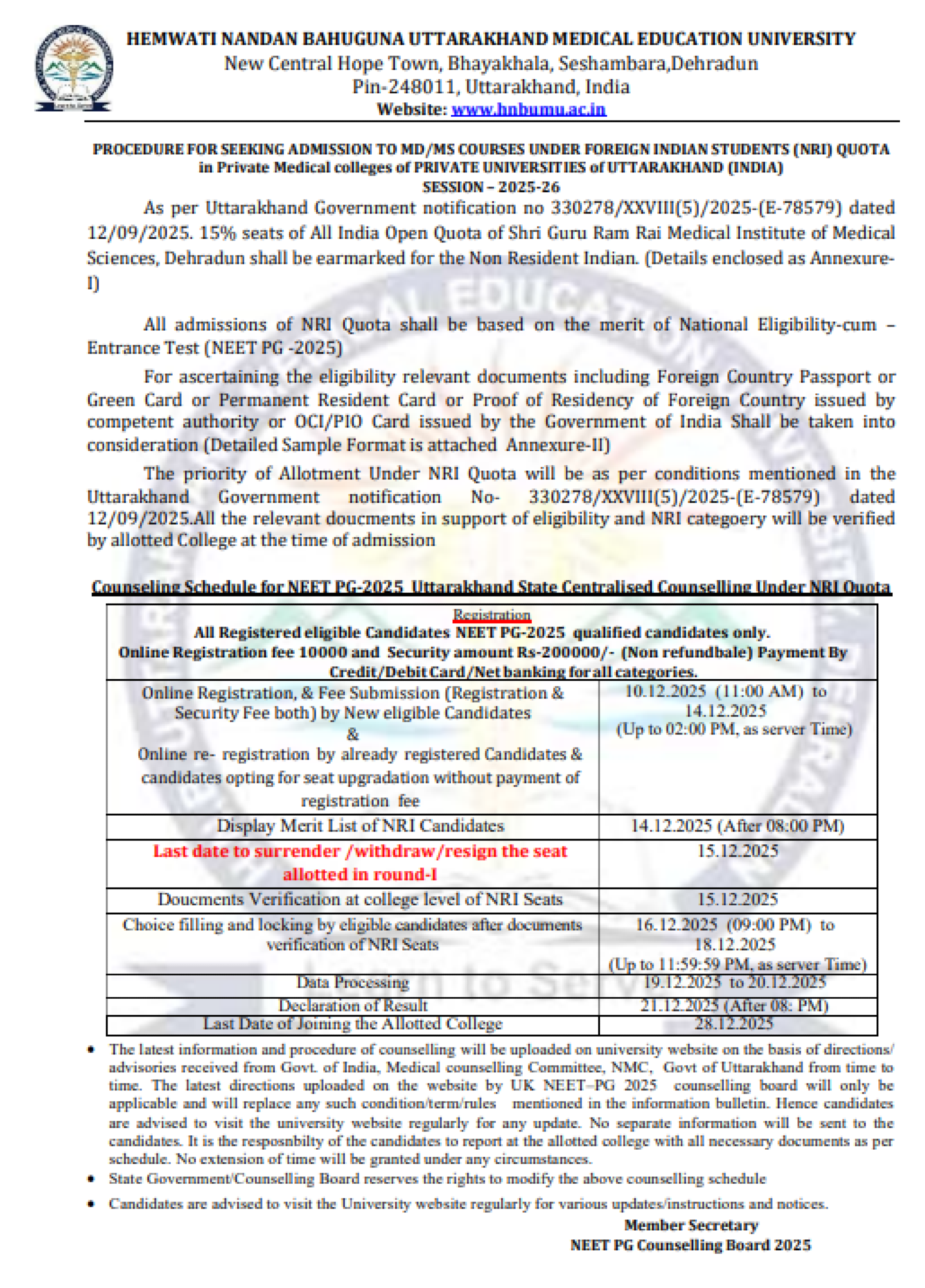 UTTARAKHAND PG MD MS COUNSELLING LATEST UPDATE 2025- NRI R2 SCHEDULE