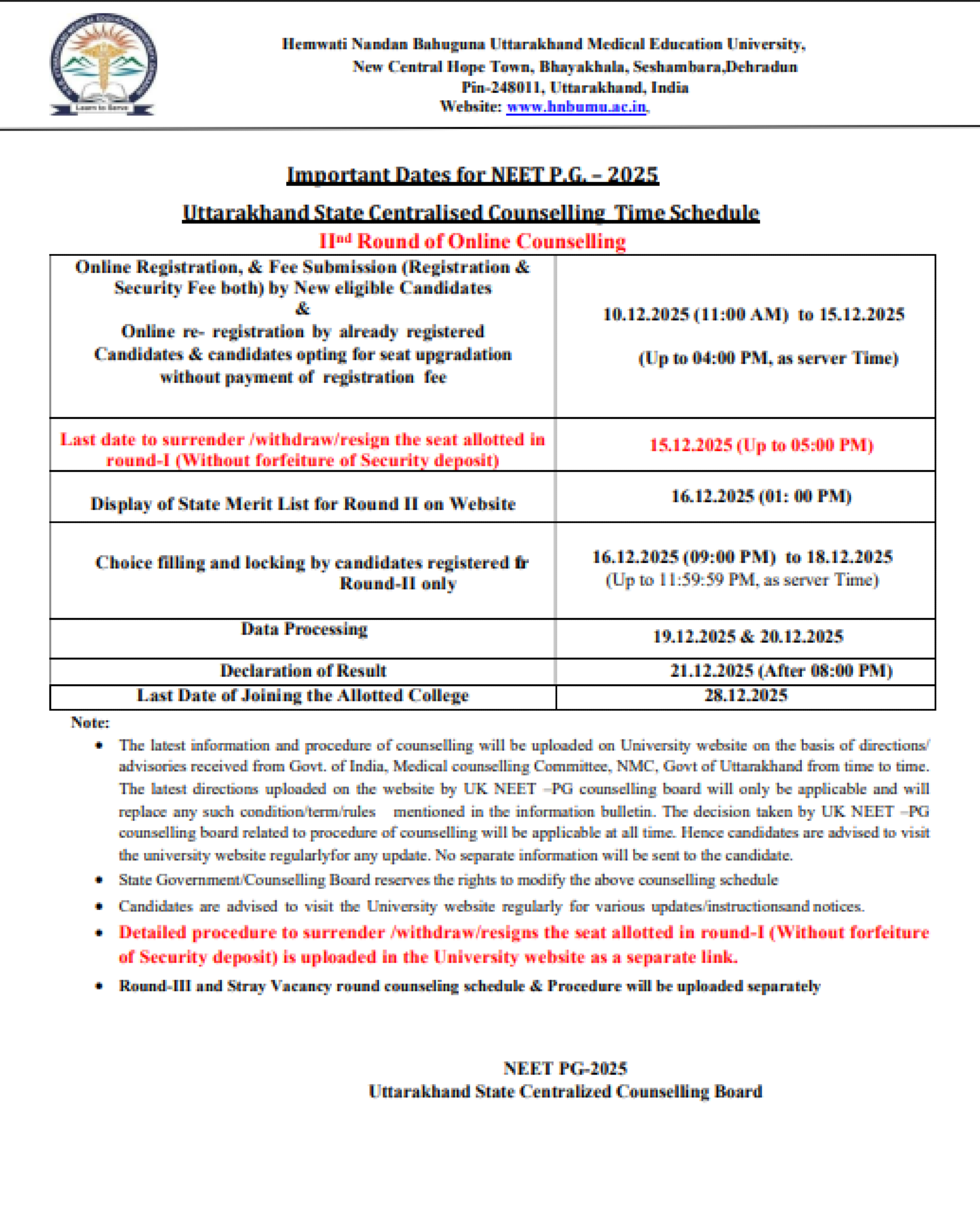 UTTARAKHAND PG MD MS COUNSELLING LATEST UPDATE 2025- SCHEDULE R2