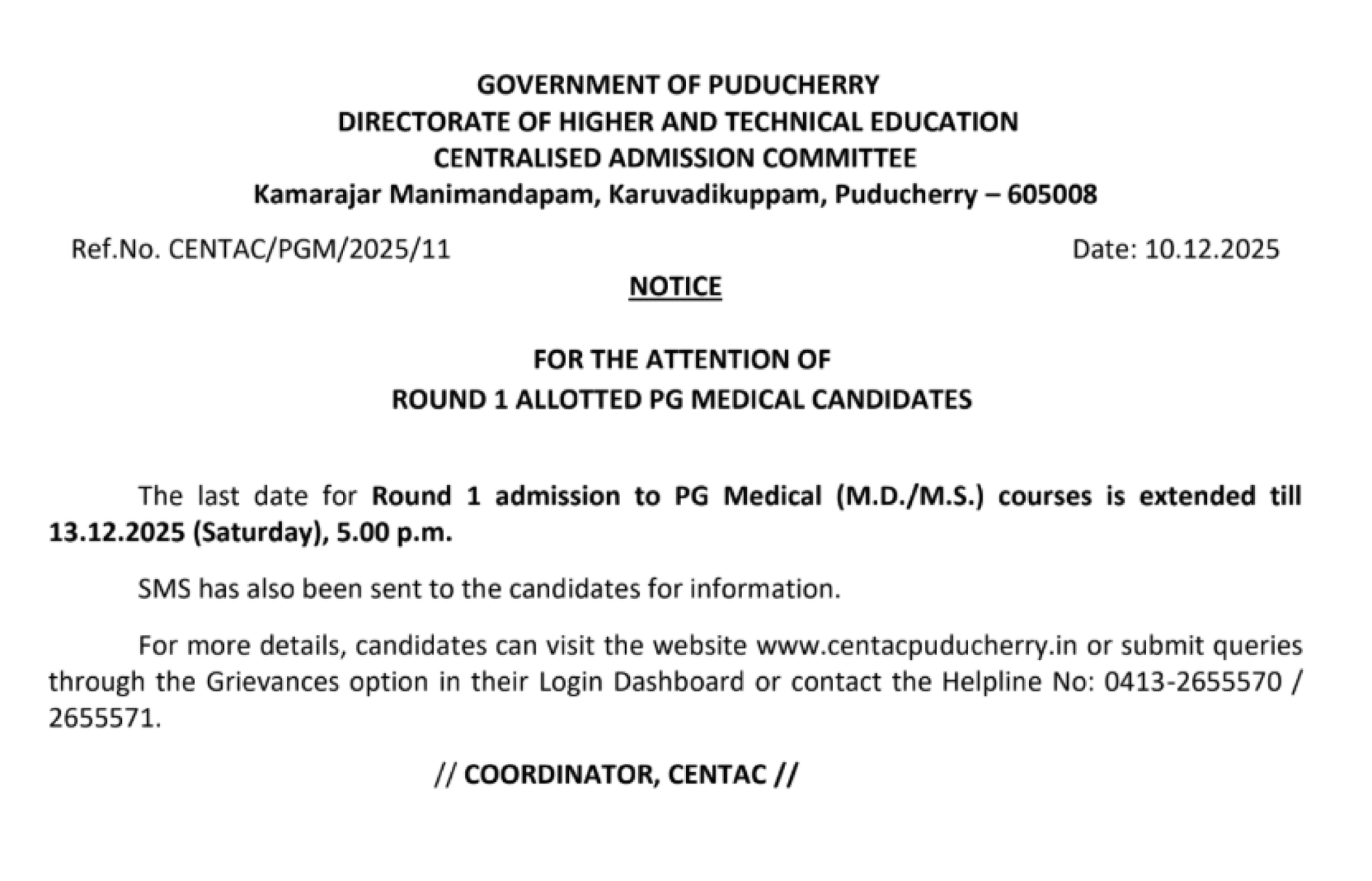 Pondicherry PG MD MS Counselling latest update 2025- Notice for R1 Allotted Candidates
