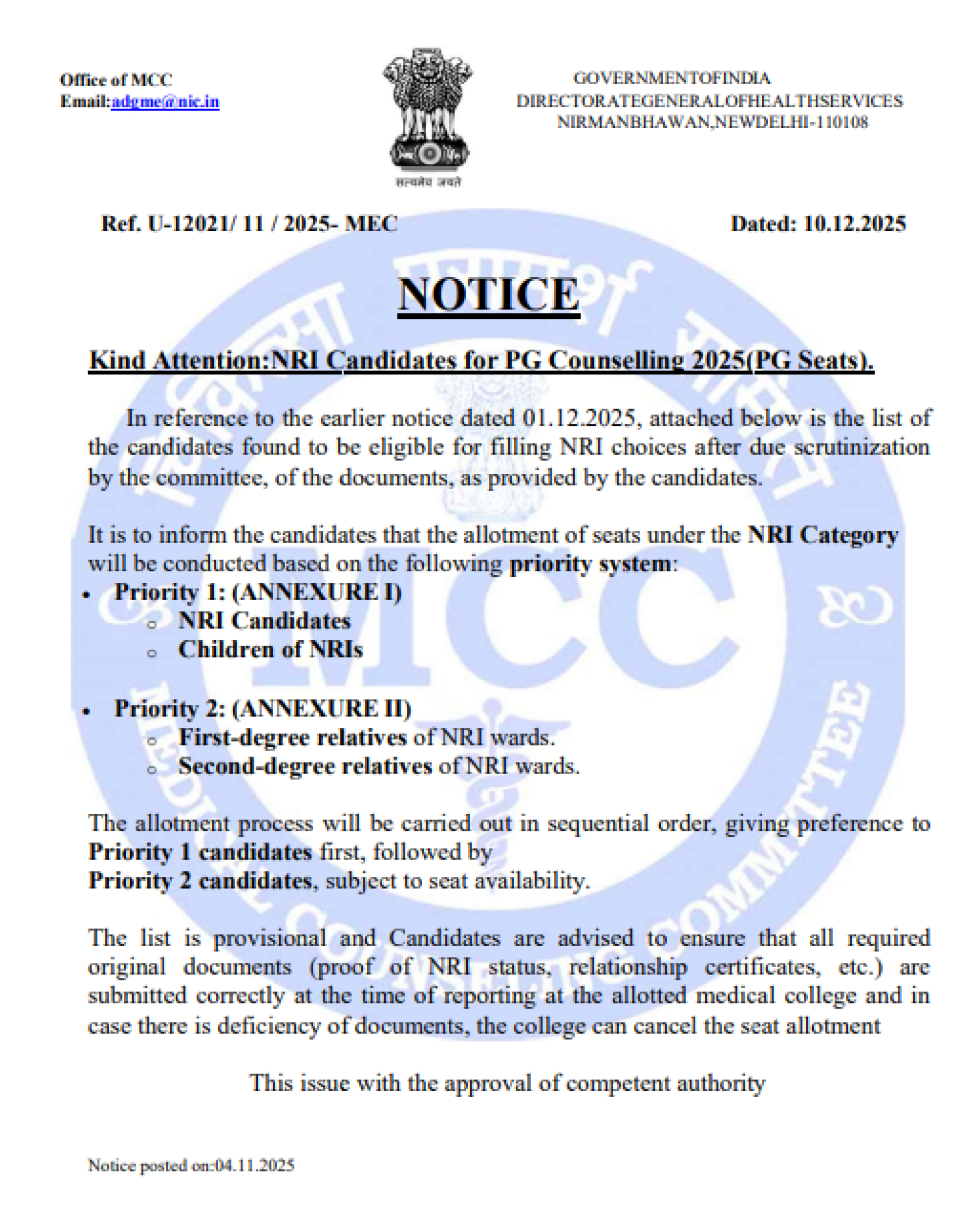 MCC PG MD MS COUNSELLING LATEST UPDATE 2025- R2 NRI CONVERSION LIST NOTICE