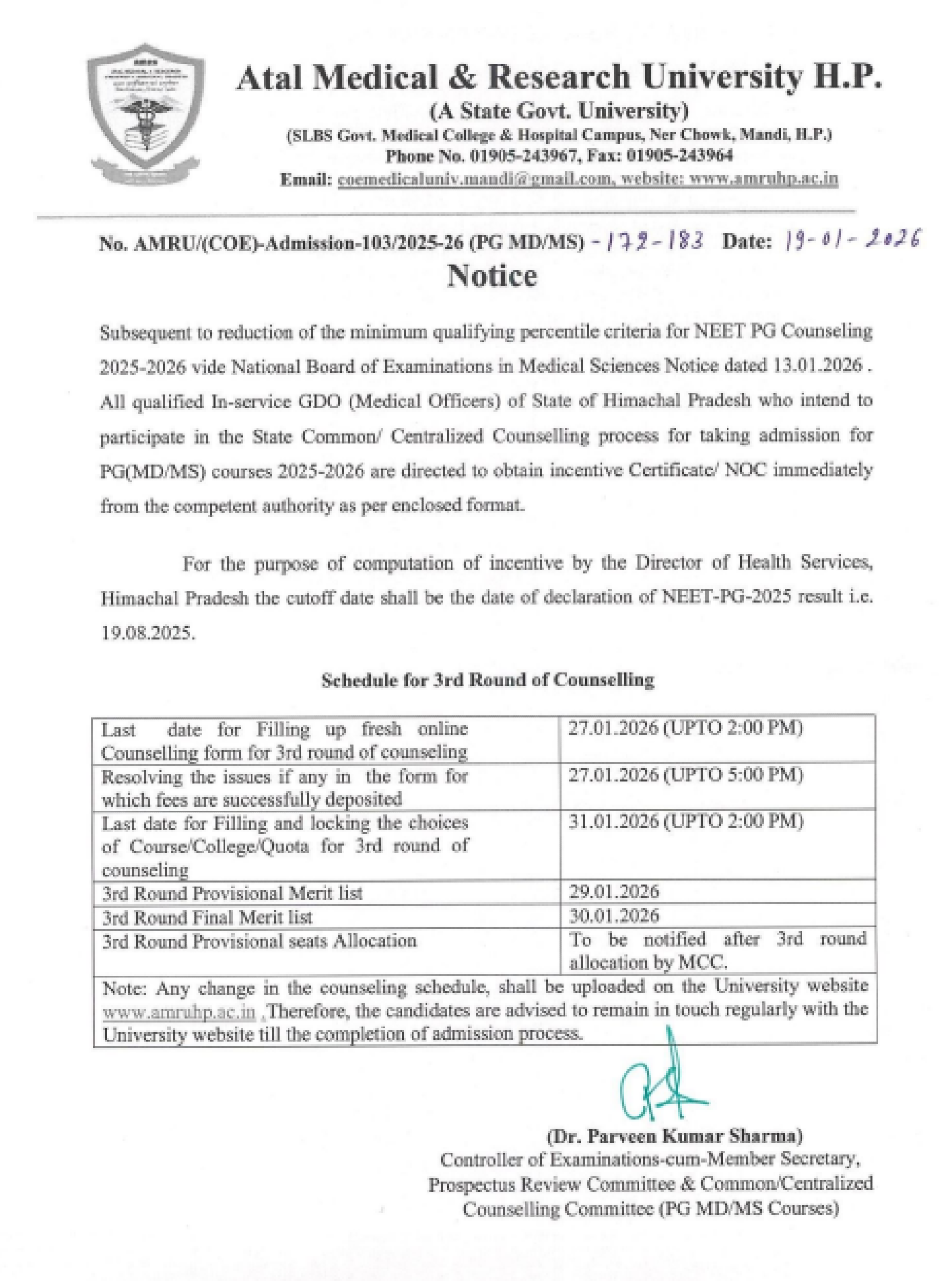 HIMACHAL PG MD MS COUNSELLING LATEST UPDATE 2026- SCHEDULE ROUND 3