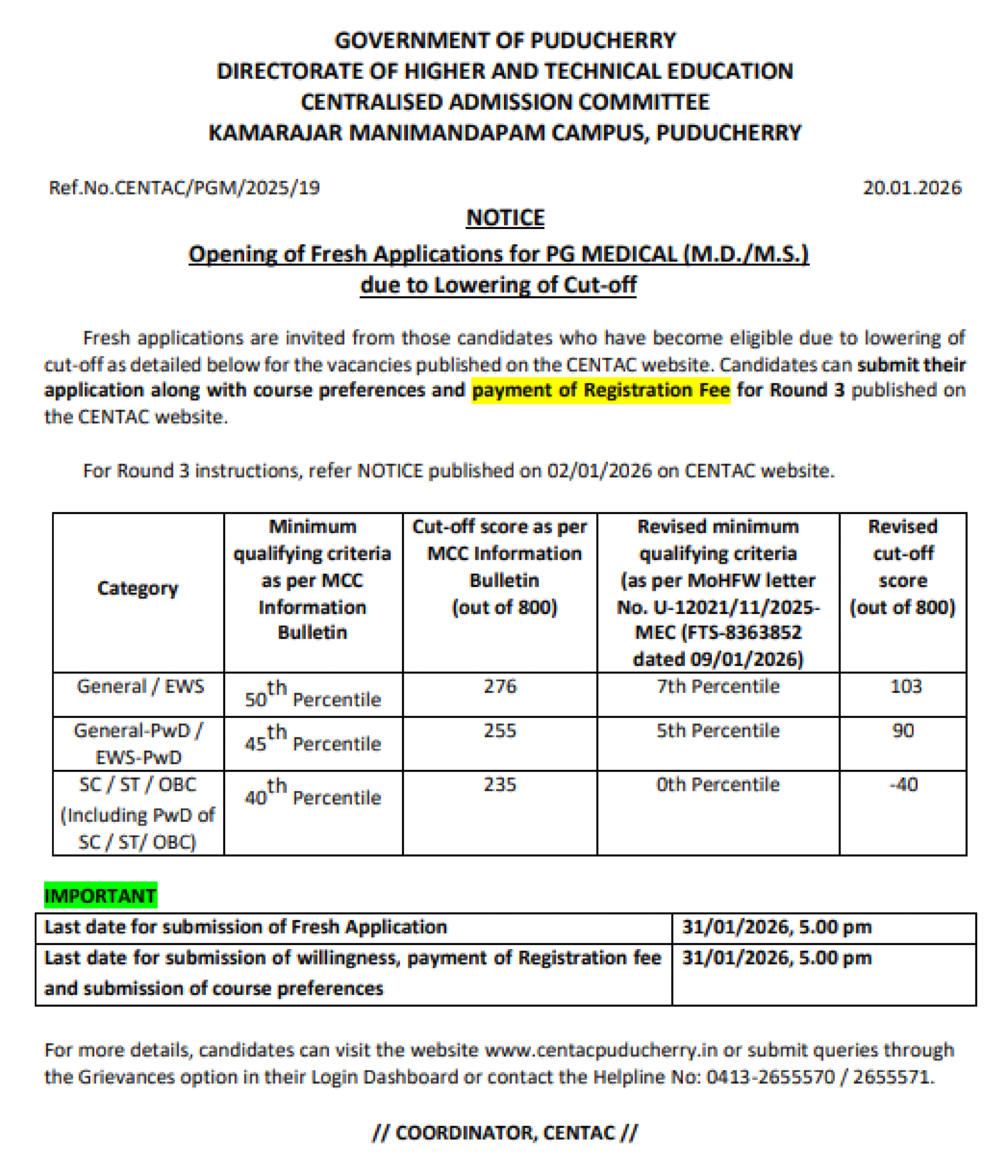 PONDICHERRY MD MS COUNSELLING LATEST UPDATE 2026- REGISTRATION REOPENED FOR ROUND 3