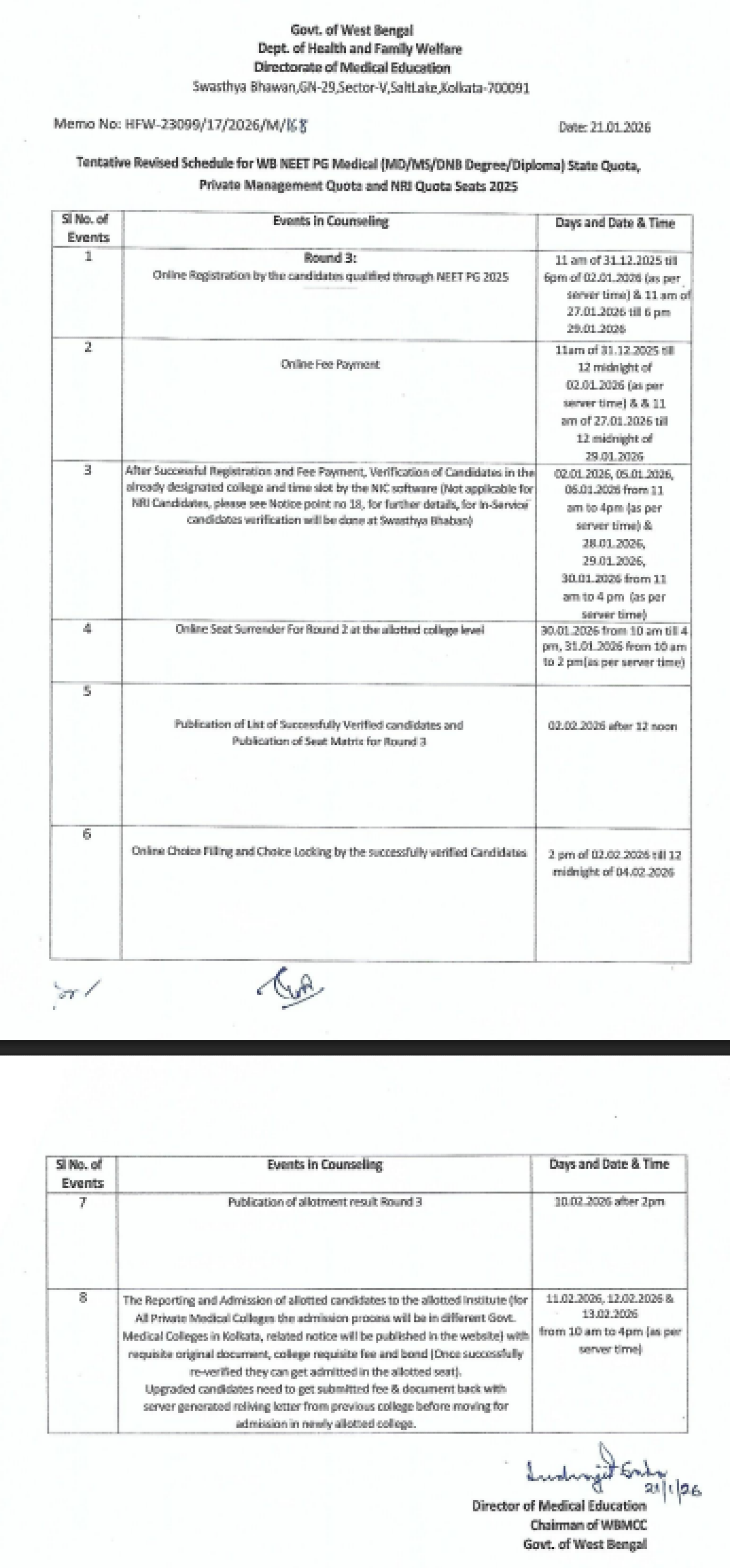 WEST BENGAL PG COUNSELLING LATEST UPDATE 2026- REVISED SCHEDULE ROUND 3