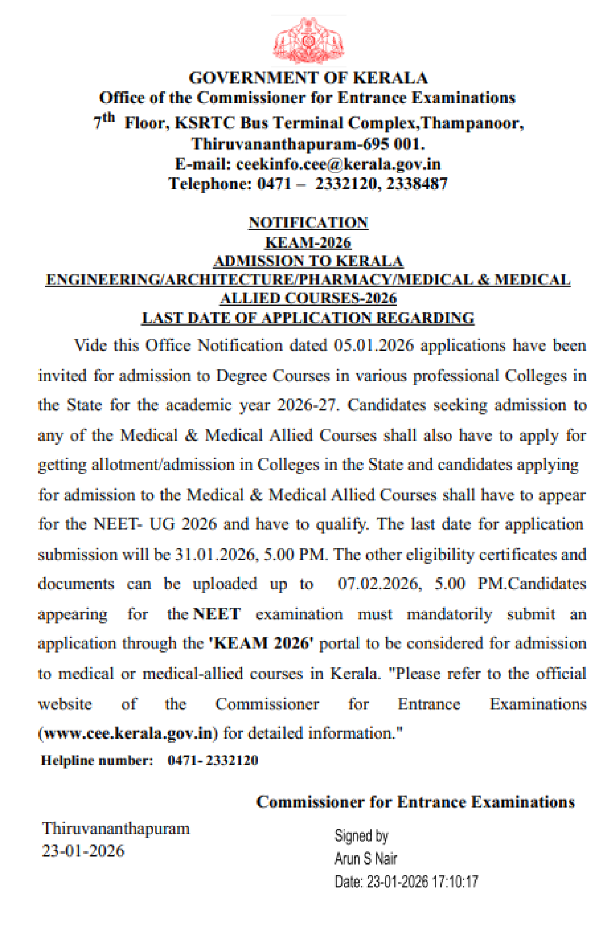 KERALA MBBS COUNSELLING LATEST UPDATE 2026- LAST DATE OF APPLICATION