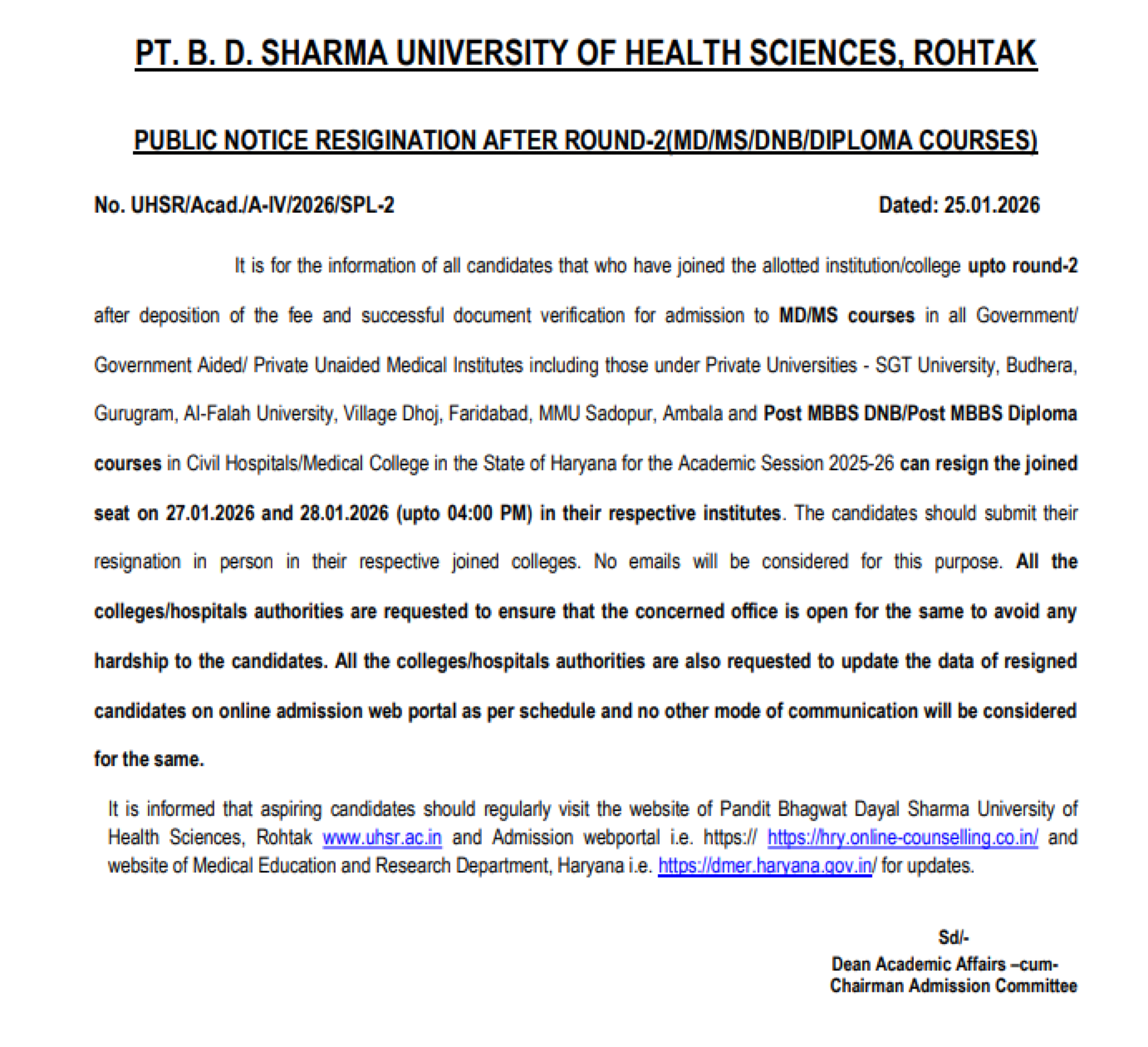 HARYANA PG COUNSELLING LATEST UPDATE 2025- RESIGNATION NOTICE