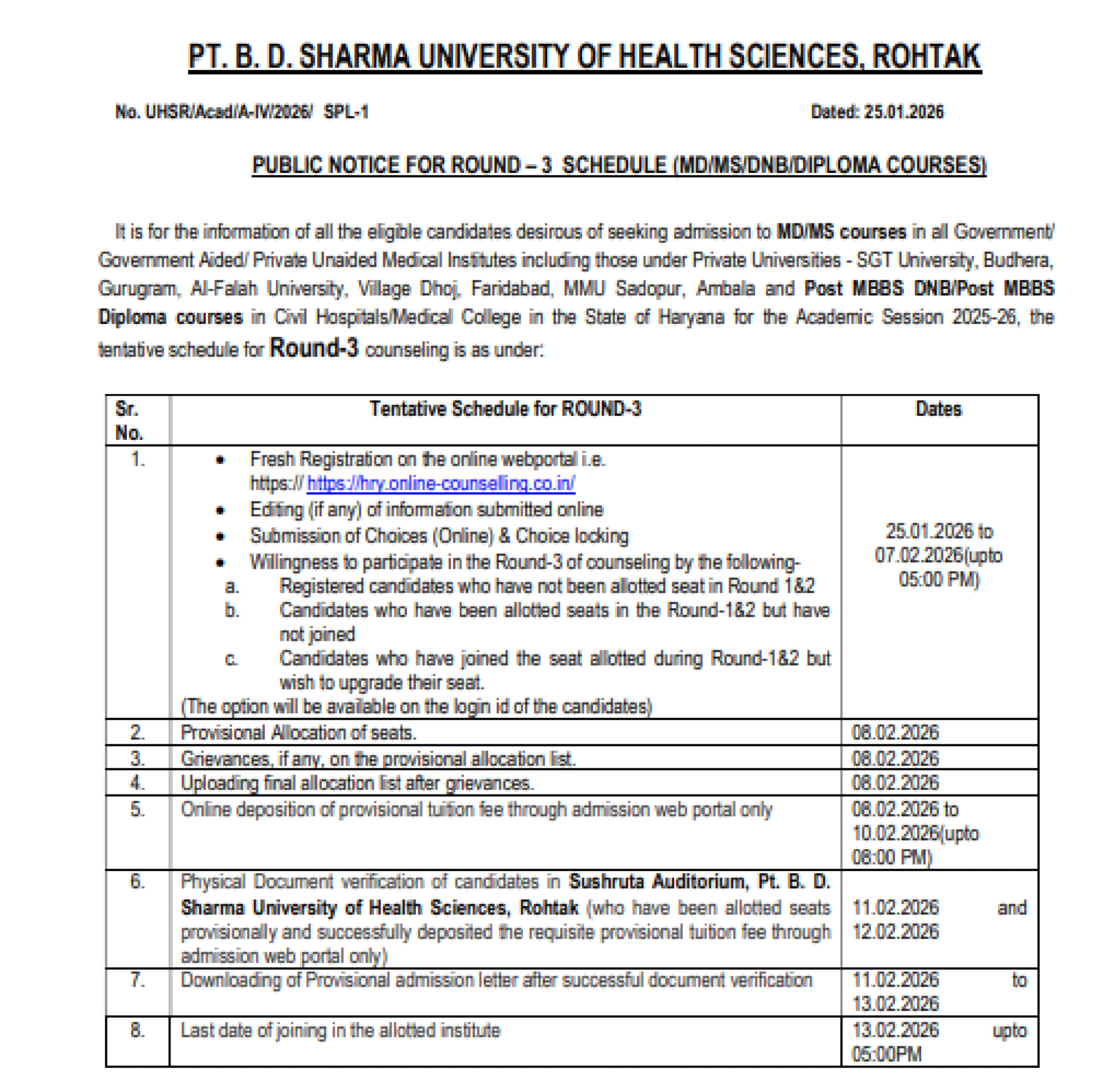 HARYANA PG COUNSELLING LATEST UPDATE 2025- ROUND 3 SCHEDULE