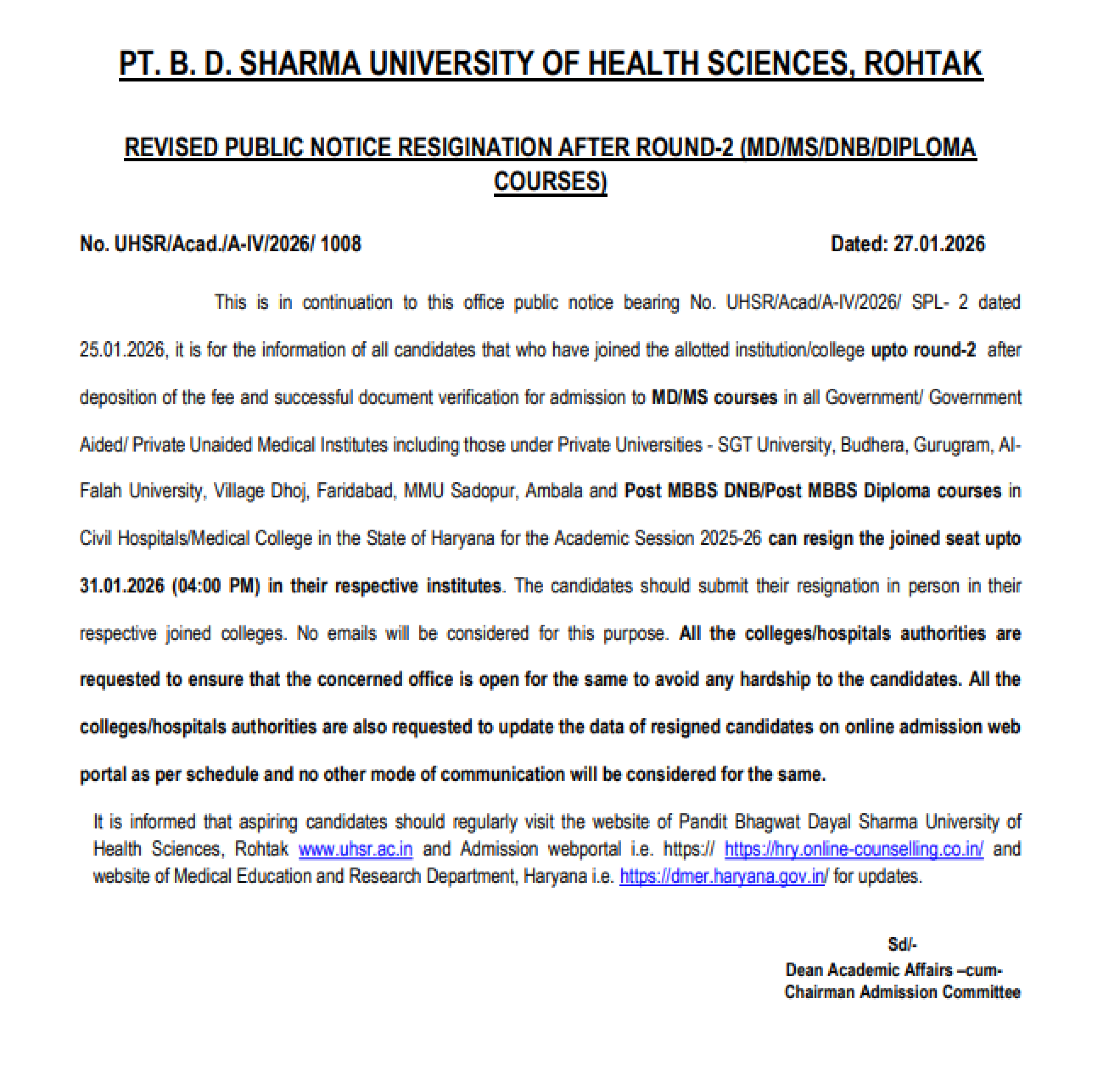 HARYANA PG COUNSELLING LATEST UPDATE 2025- REVISED RESIGNATION NOTICE AFTER ROUND 2