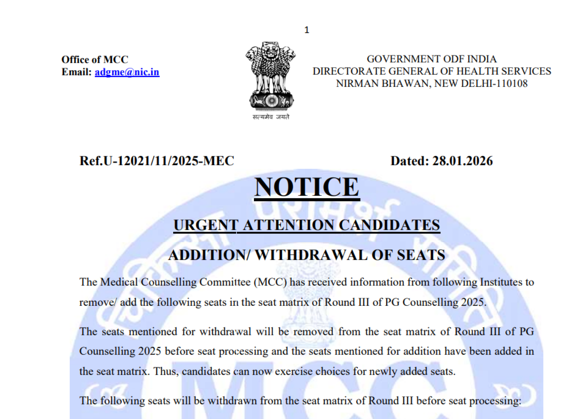 MCC-PG-ADDITION AND DELETION OF SEATS ROUND 3