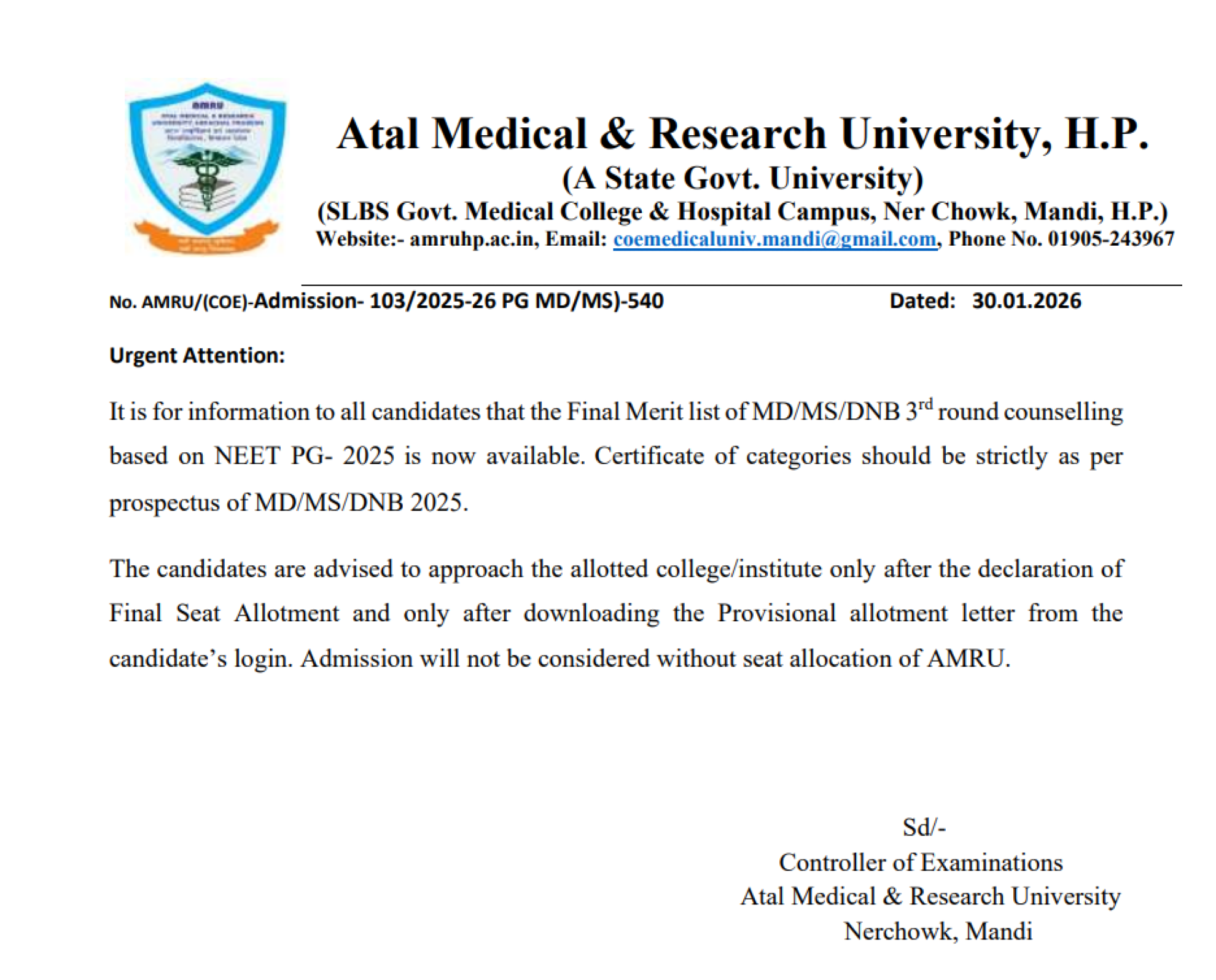 HIMACHAL MD MS COUNSELLING LATEST UPDATE 2025- ROUND 3 FINAL MERIT LIST PUBLISHED