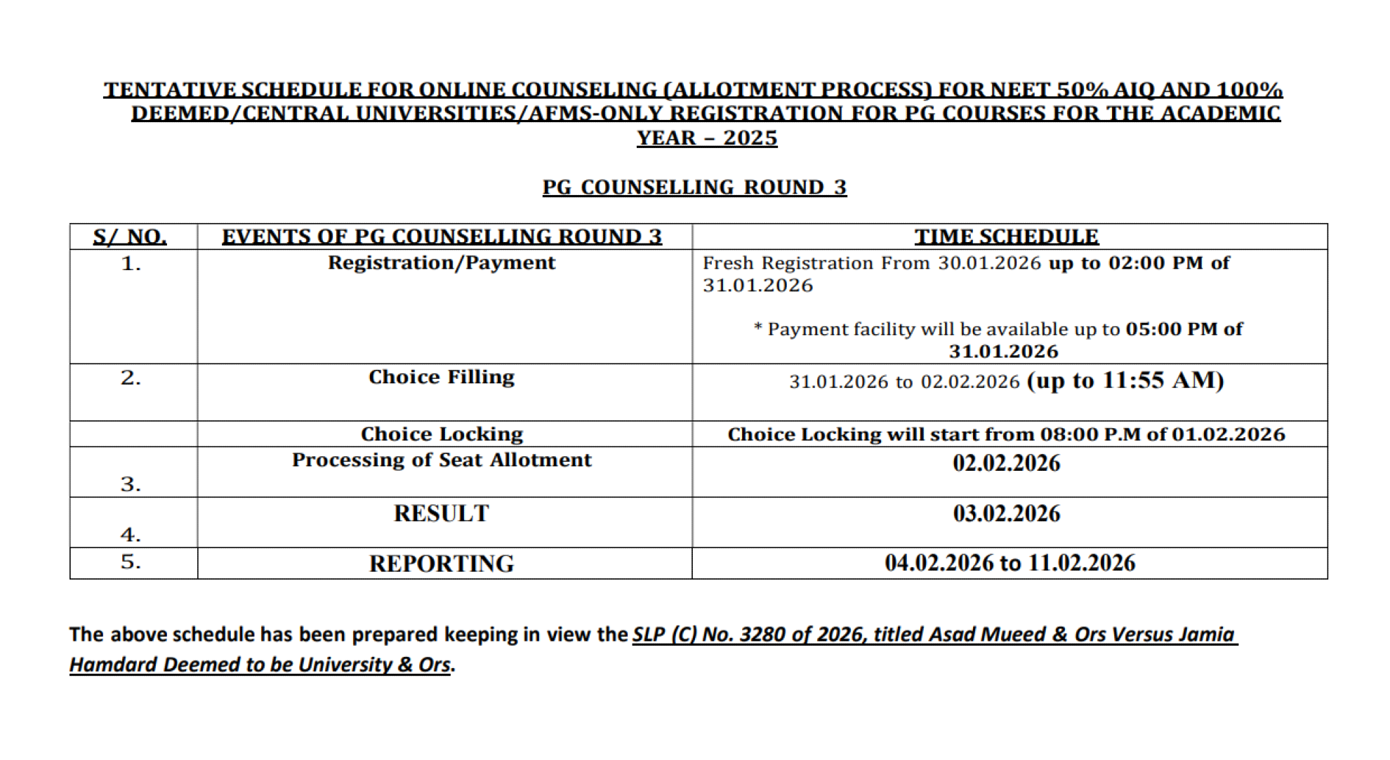 MCC PG COUNSELLING LATEST UPDATE 2025- REVISED SCHEDULE FOR ROUND 3