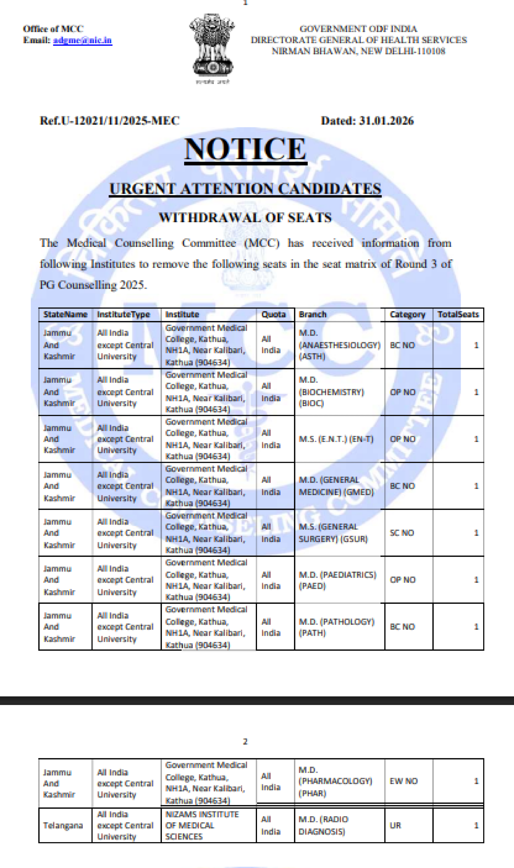MCC PG COUNSELLING LATEST UPDATE 2025- WITHDRAWAL OF SEATS ROUND 3