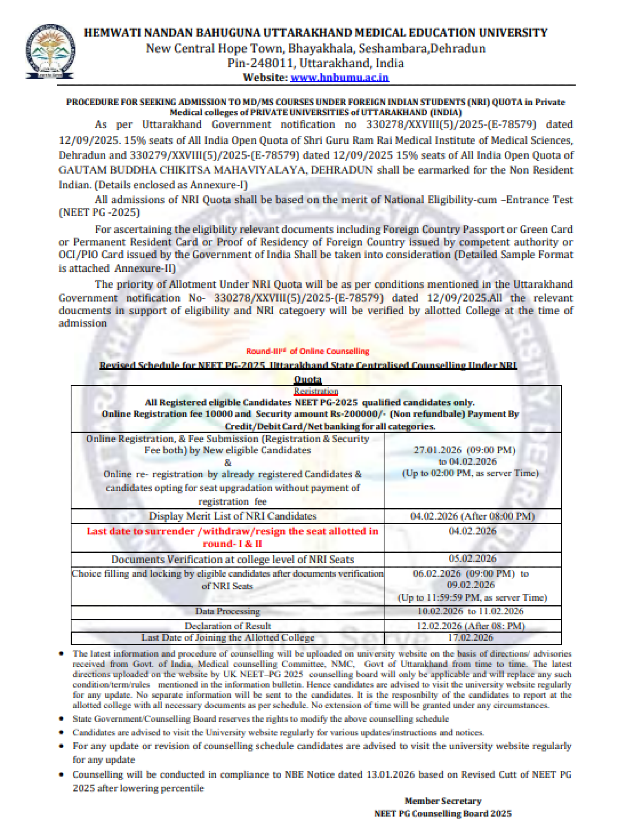 UTTARAKHAND MD MS COUNSELLING LATEST UPDATE 2025- REVISED ROUND3 NRI SCHEDULE